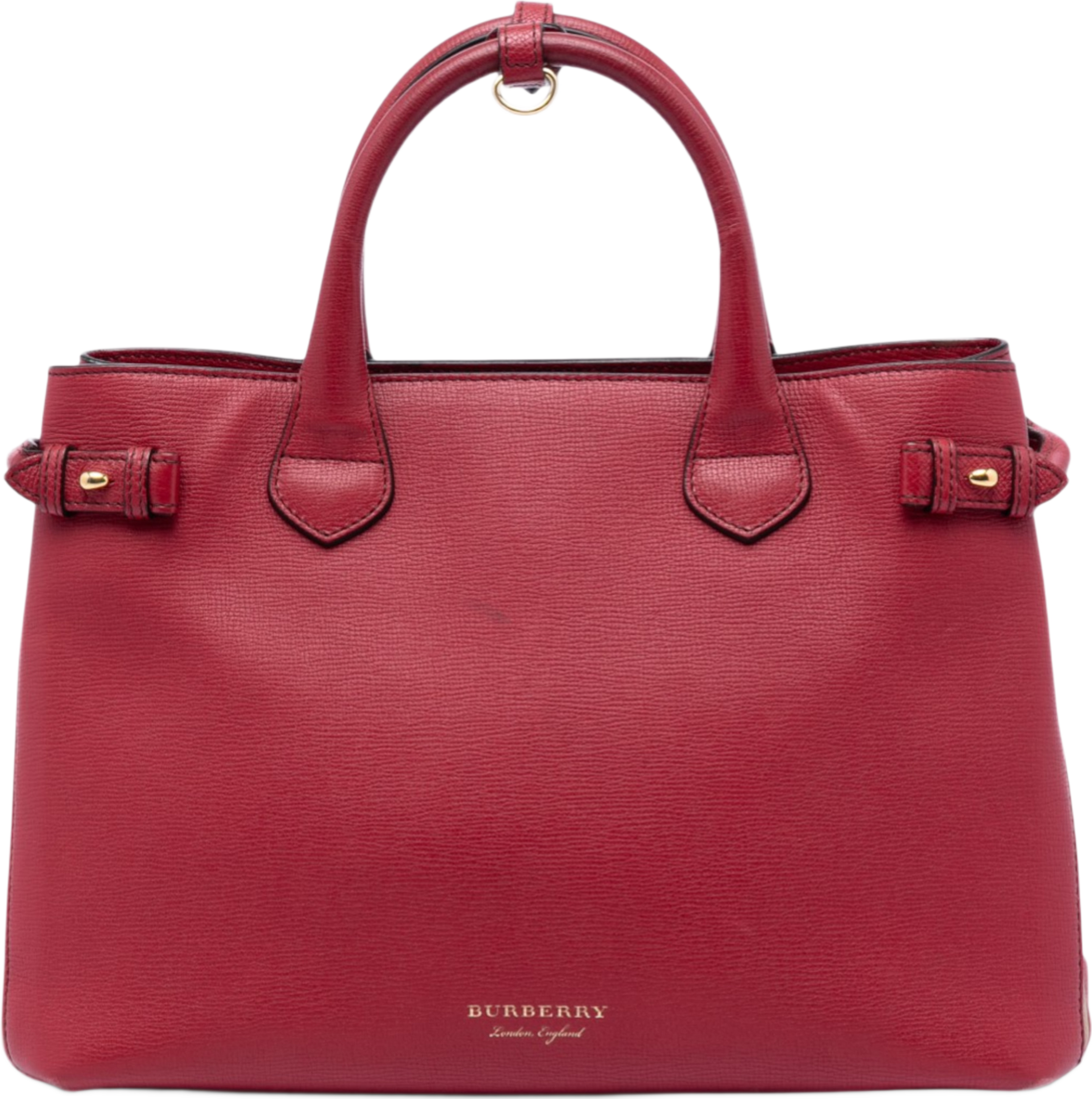 Burberry Medium Leather And House Check Banner Satchel, från Luxclusif, i färgen red. Klicka för att öppna bilden i stort format