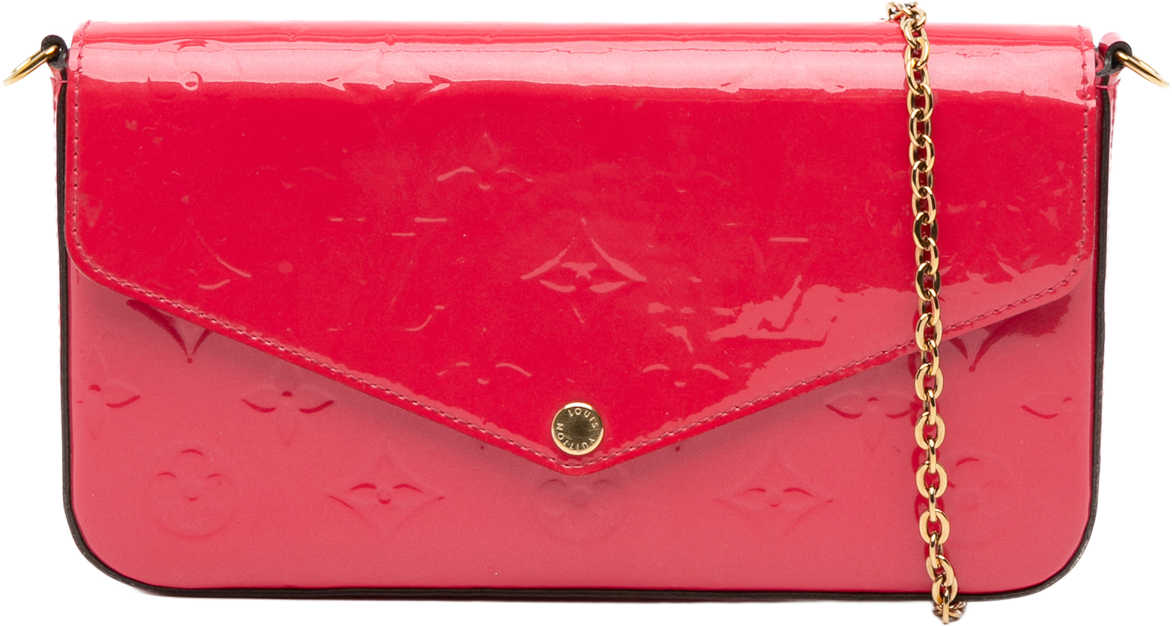 Louis Vuitton Monogram Vernis Pochette Felicie, från Luxclusif, i färgen red. Klicka för att öppna bilden i stort format