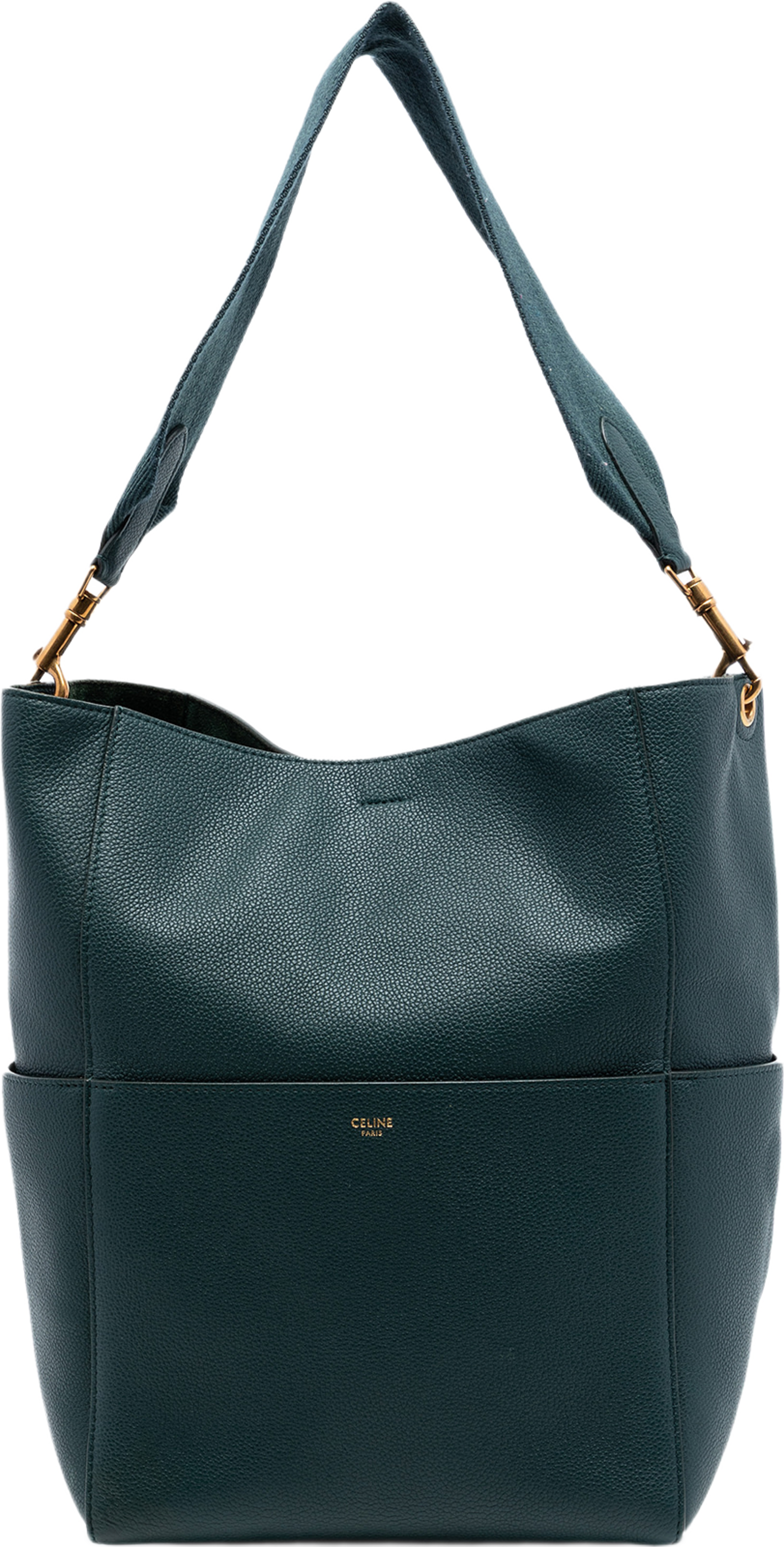 Celine Medium Leather Seau Sangle Bucket Bag, från Luxclusif, i färgen dark green. Klicka för att öppna bilden i stort format