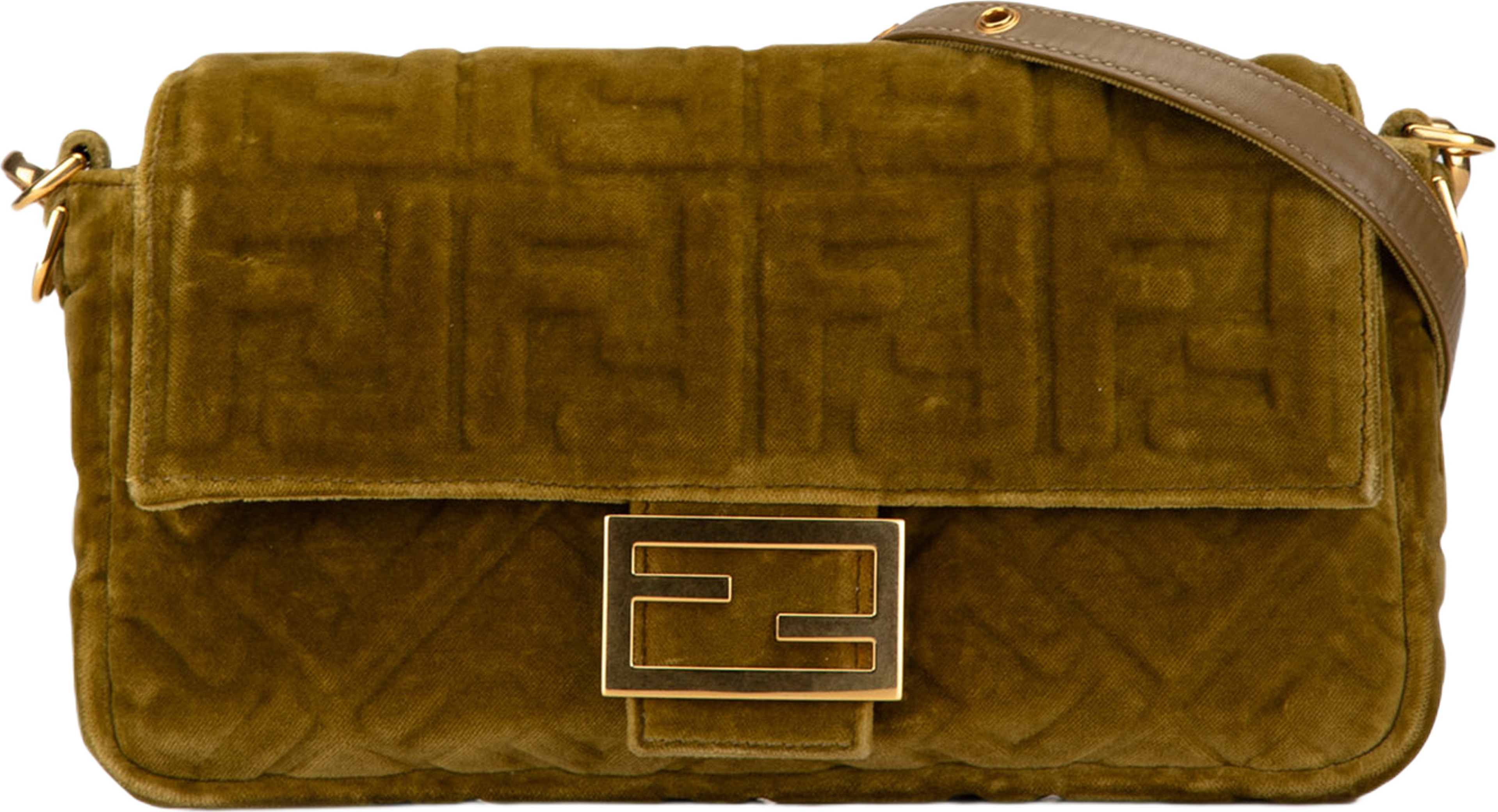Fendi Zucca Embossed Velvet Baguette Satchel, från Luxclusif, i färgen olive green. Klicka för att öppna bilden i stort format
