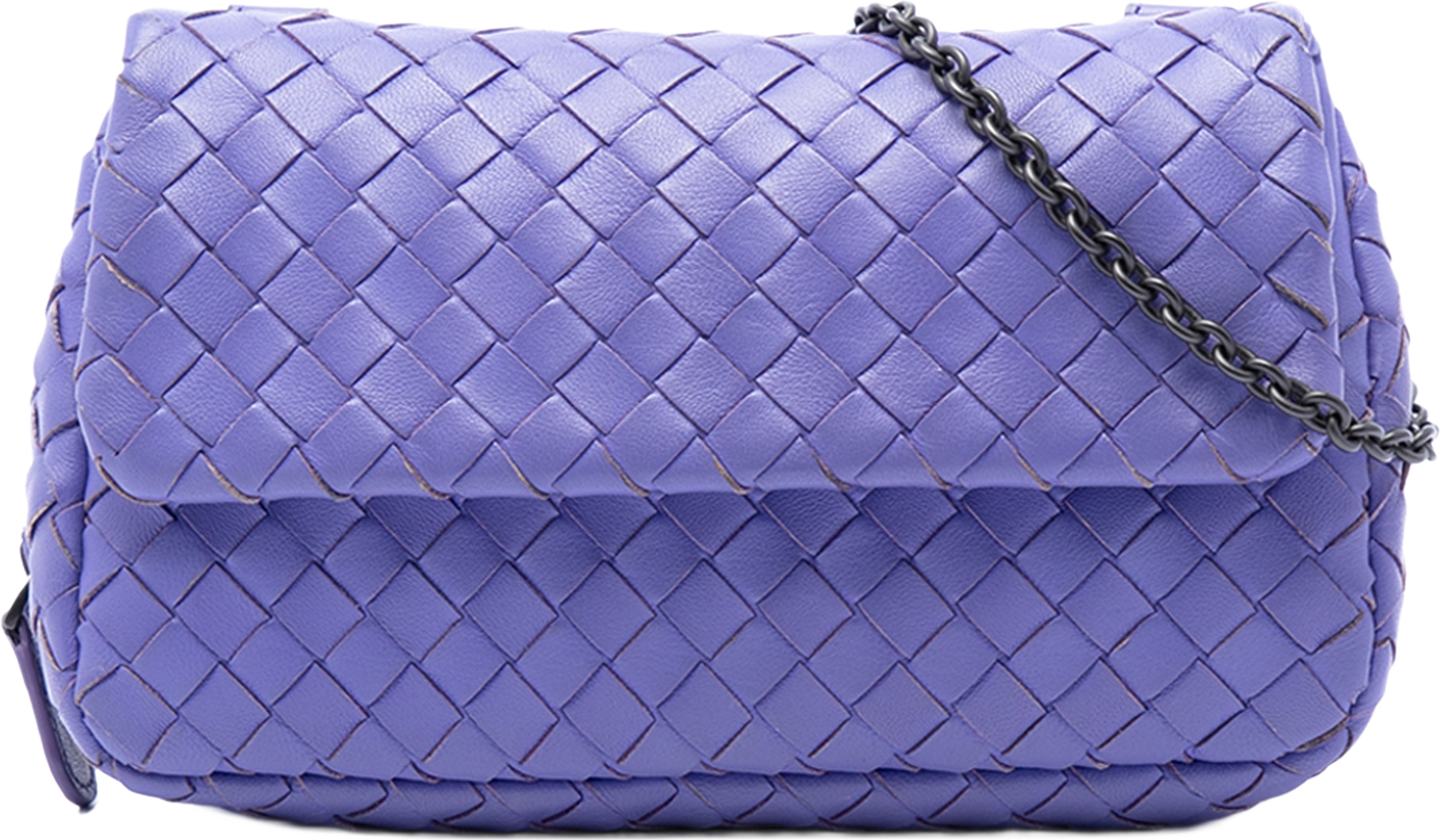 Bottega Veneta Mini Nappa Intrecciato Expandable Chain Flap Crossbody, från Luxclusif, i färgen purpur. Klicka för att öppna bilden i stort format