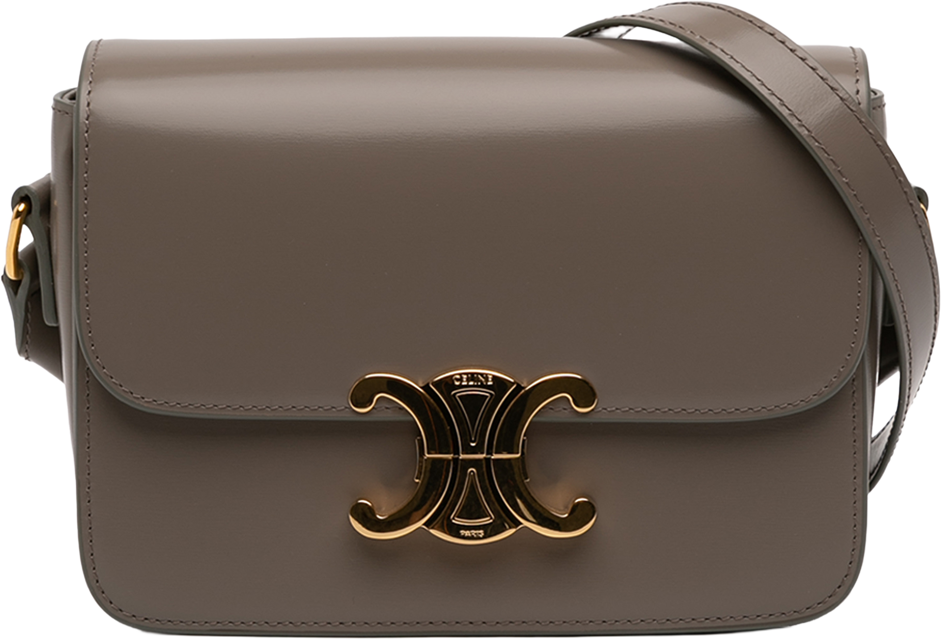 Celine Teen Shiny Calfskin Triomphe Crossbody, från Luxclusif, i färgen taupe. Klicka för att öppna bilden i stort format