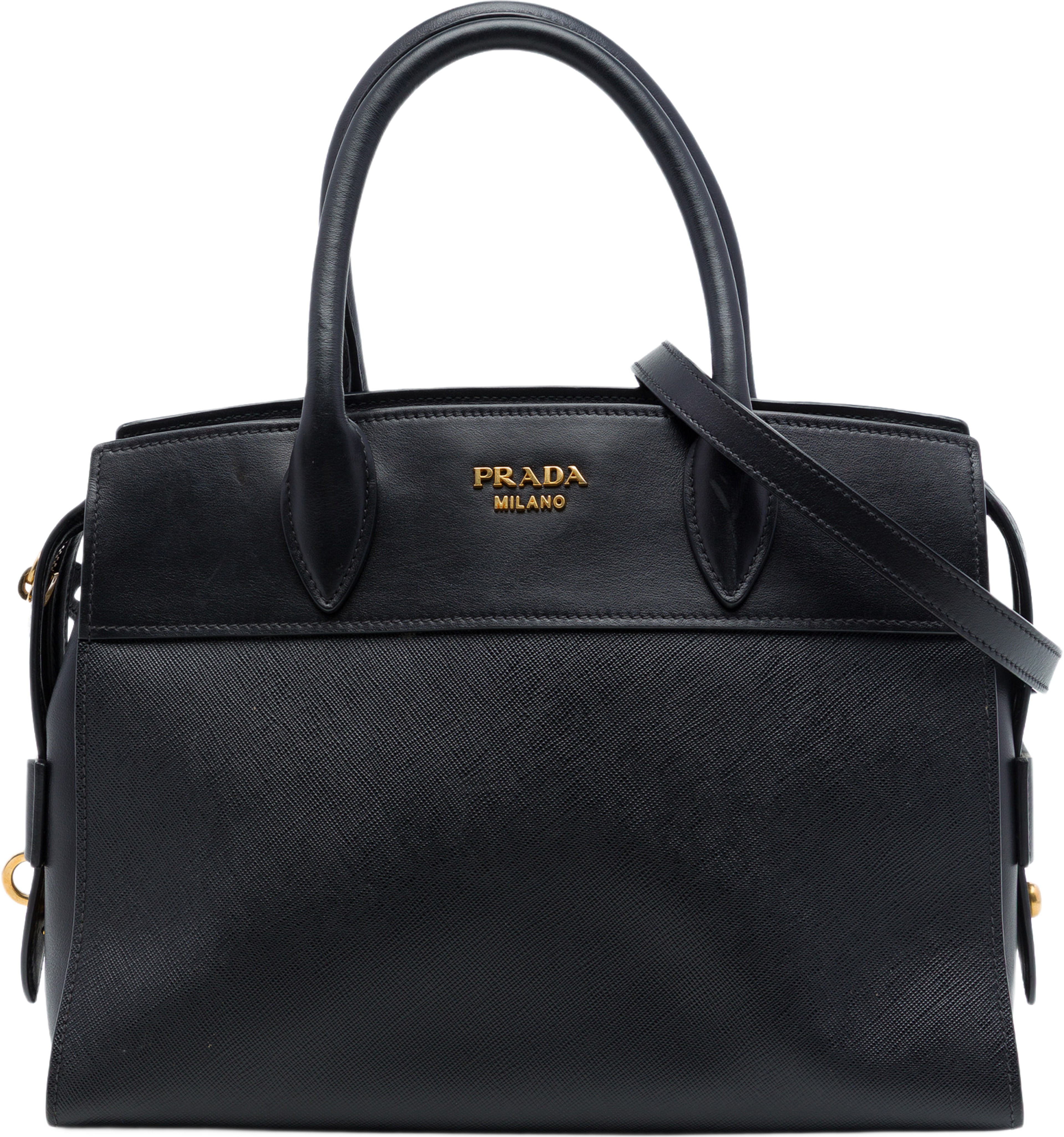 Prada Saffiano And City Calf Esplanade Satchel, från Luxclusif, i färgen svart. Klicka för att öppna bilden i stort format