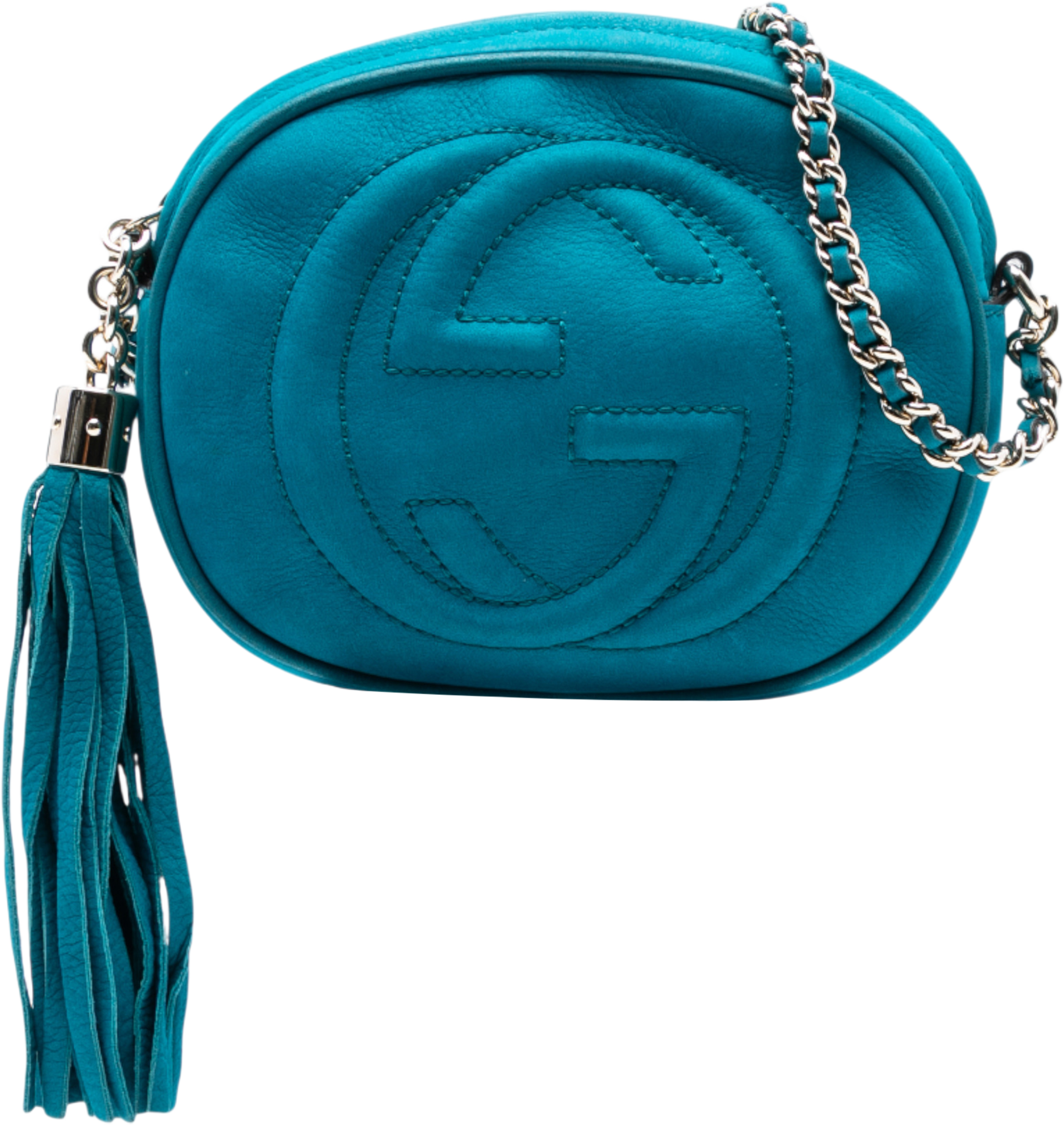 Gucci Mini Pebbled Calfskin Soho Chain Crossbody, från Luxclusif, i färgen blue. Klicka för att öppna bilden i stort format