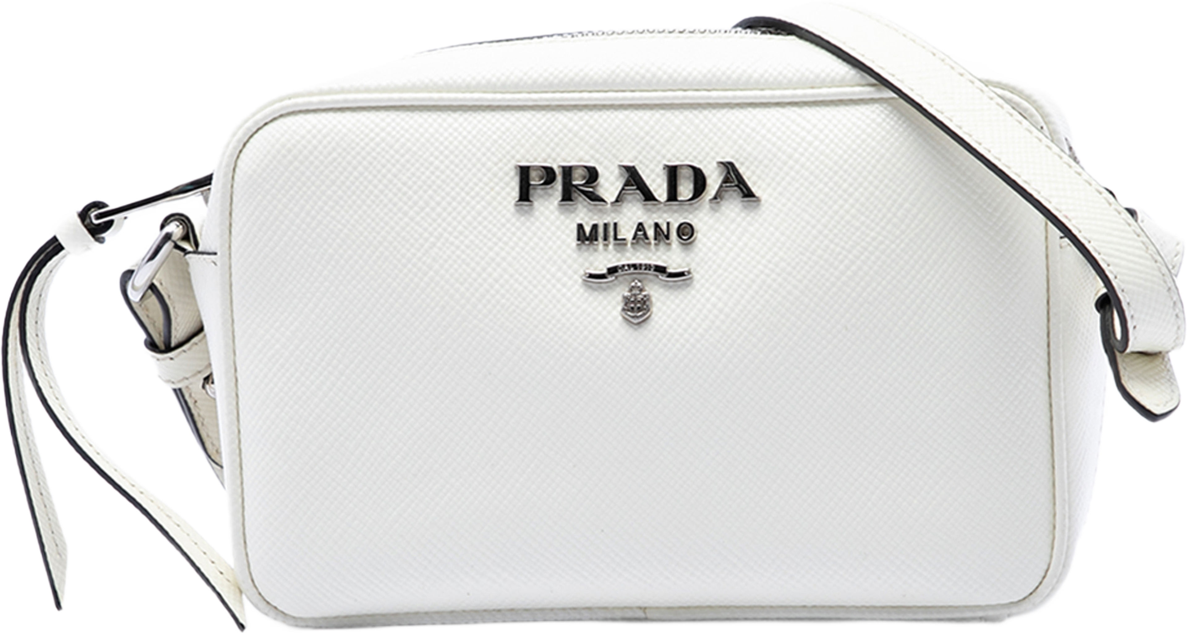 Prada Saffiano Lux Camera Bag, från Luxclusif, i färgen vit. Klicka för att öppna bilden i stort format