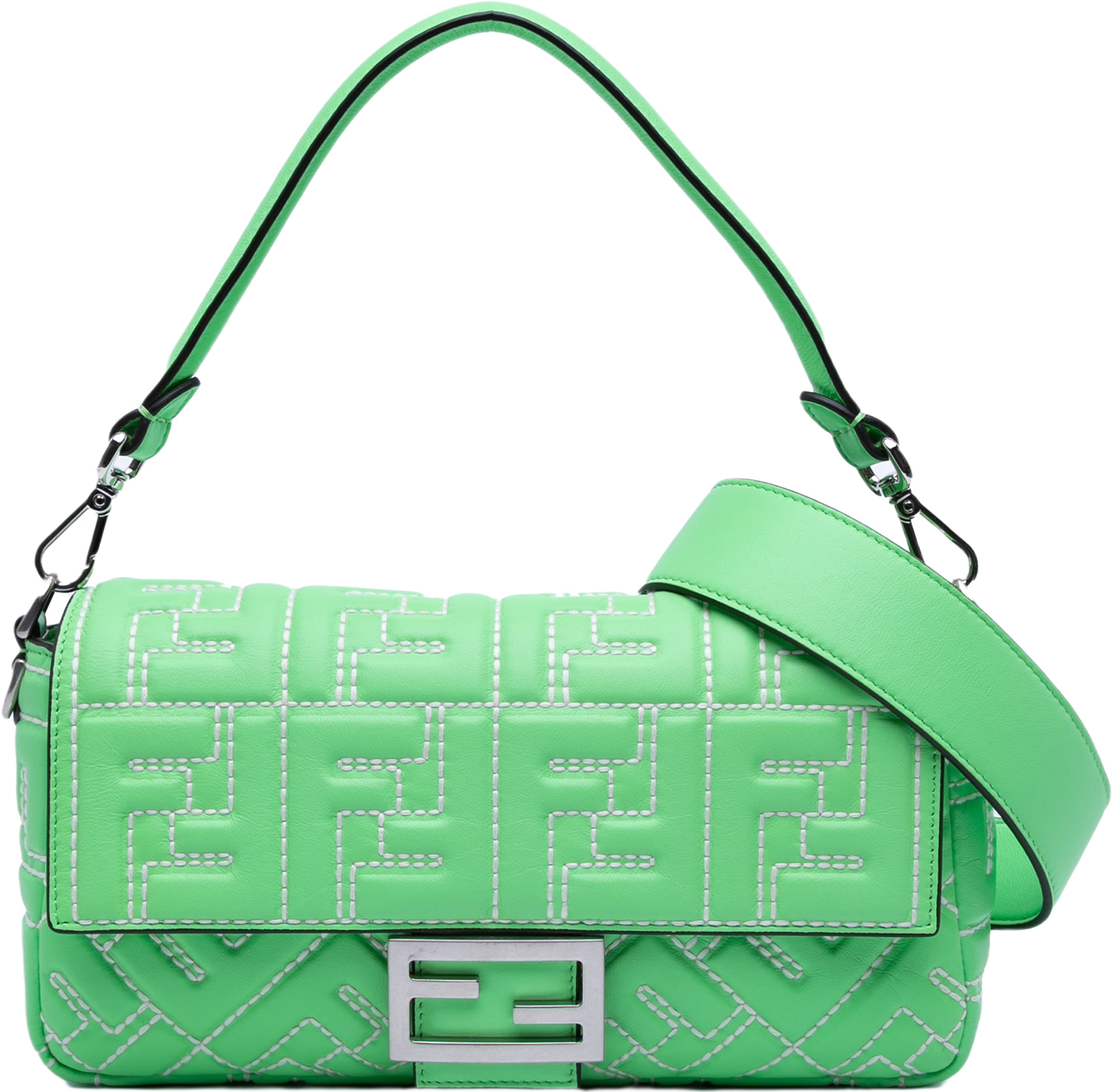 Fendi Zucca Embossed Stitched Leather Baguette Satchel, från Luxclusif, i färgen light green. Klicka för att öppna bilden i stort format