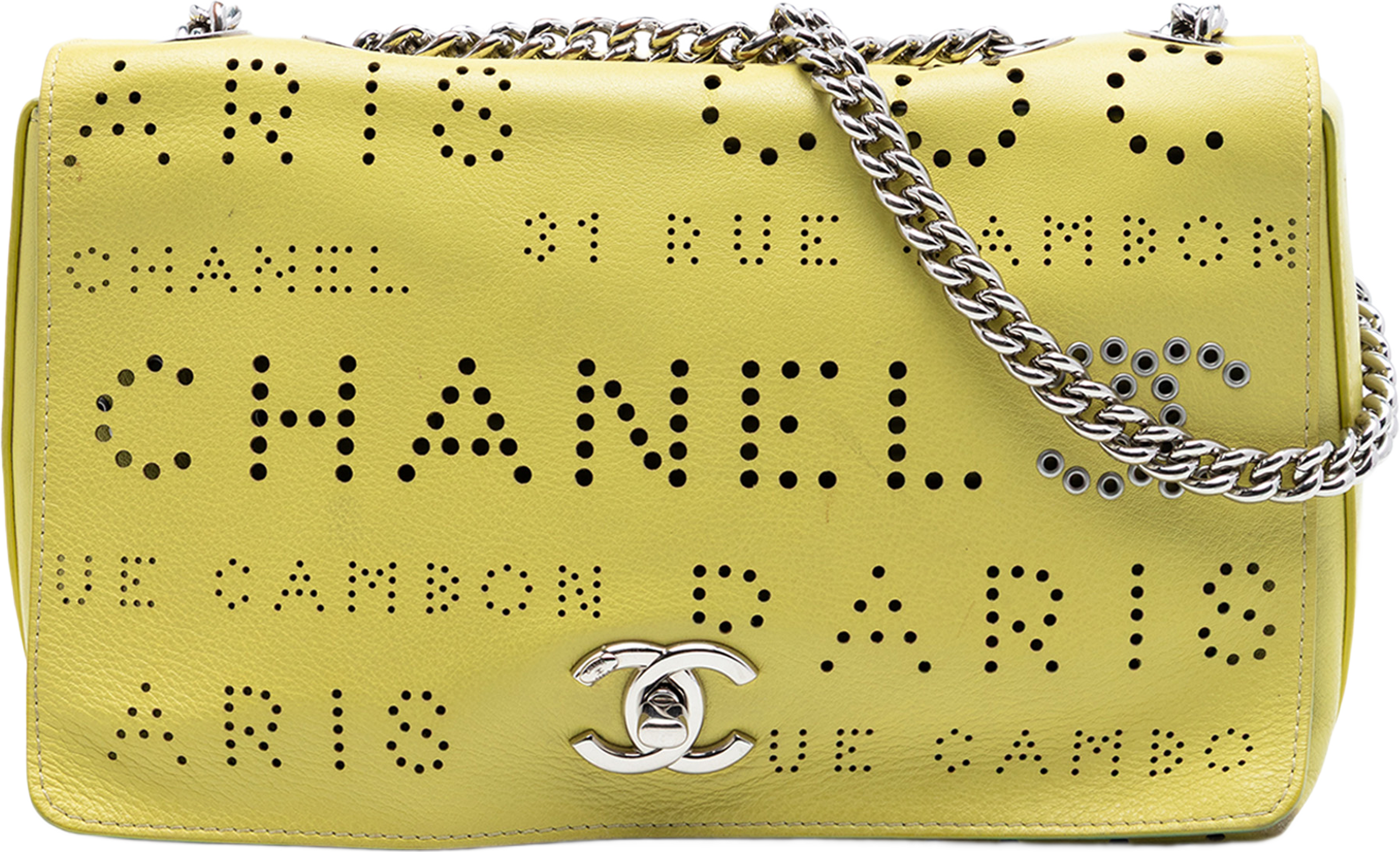 Chanel Perforated Calfskin Logo Eyelet Flap, från Luxclusif, i färgen gul. Klicka för att öppna bilden i stort format