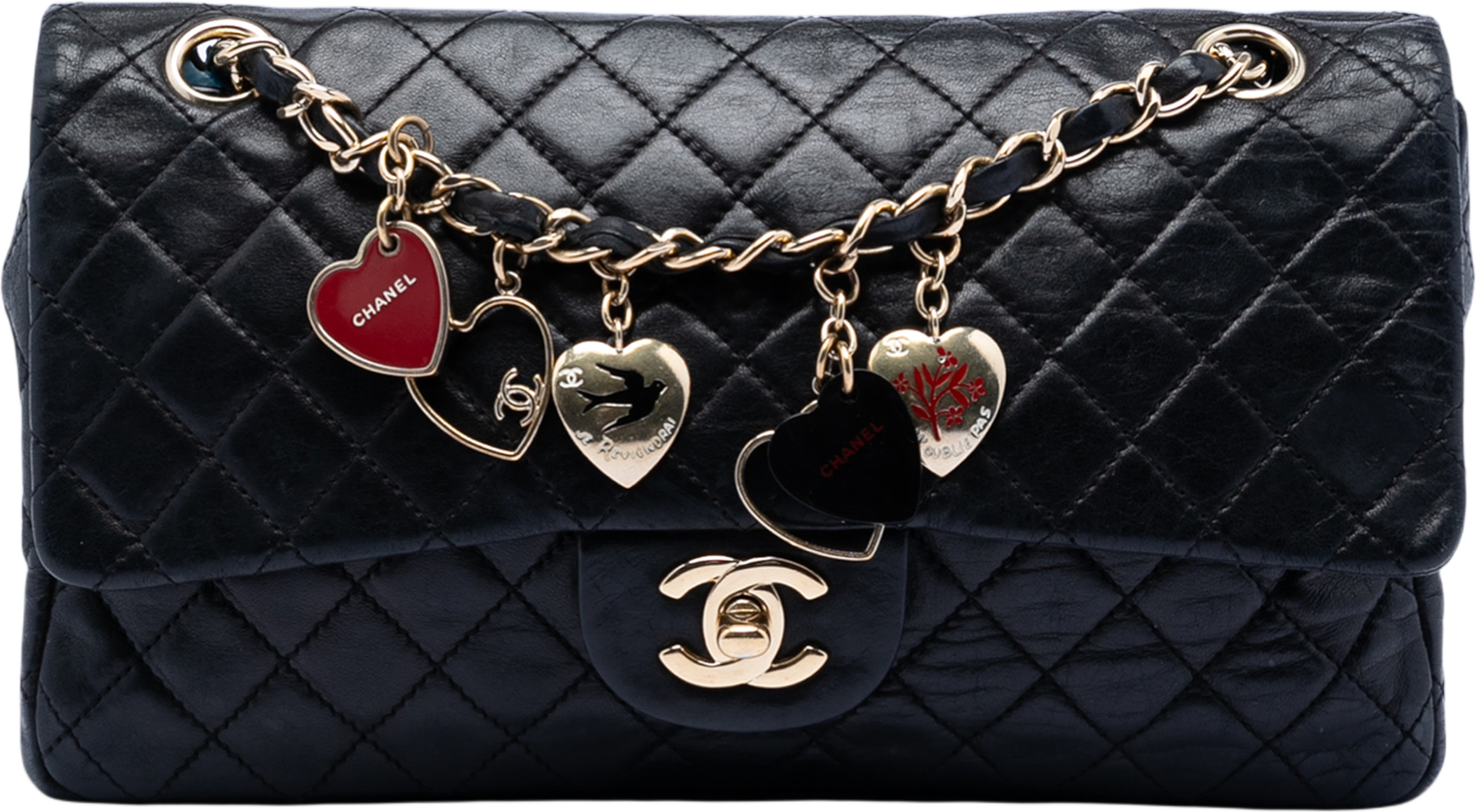 Chanel Medium Classic Lambskin Valentines Heart Charms Single Flap, från Luxclusif, i färgen black. Klicka för att öppna bilden i stort format