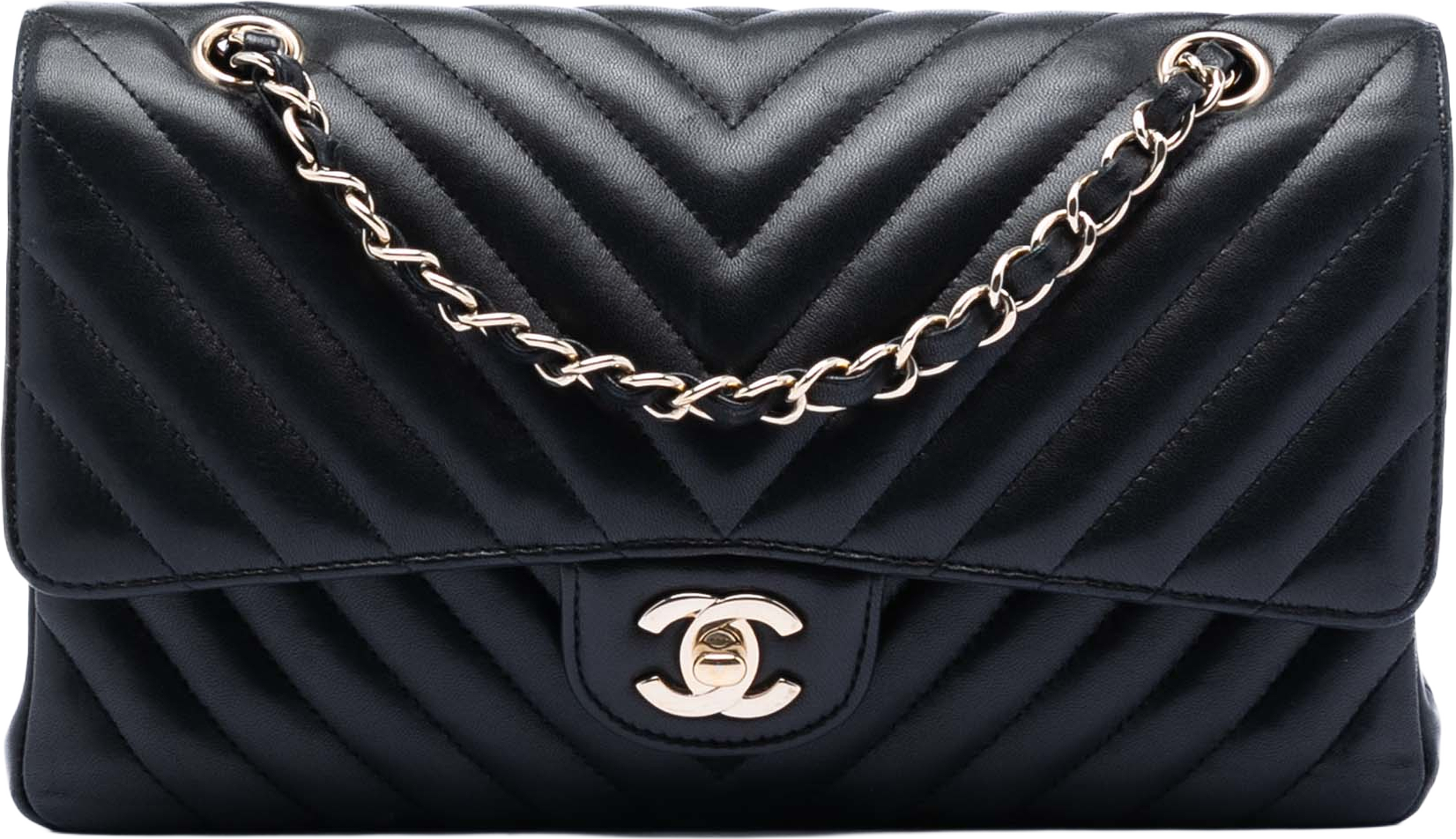 Chanel Medium Classic Chevron Lambskin Double Flap, från Luxclusif, i färgen black. Klicka för att öppna bilden i stort format