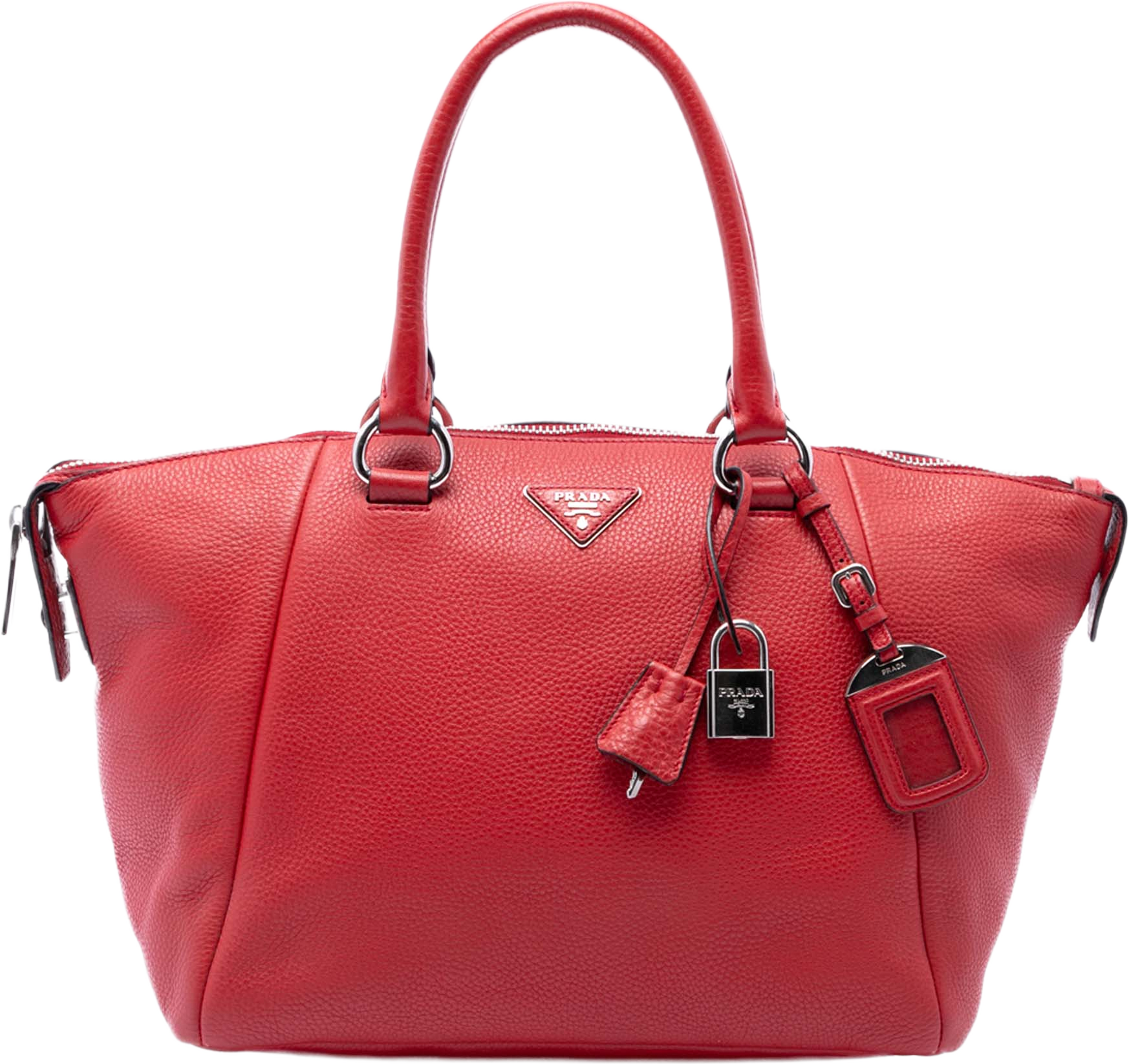 Prada Vitello Daino Double Handle Satchel, från Luxclusif, i färgen röd. Klicka för att öppna bilden i stort format