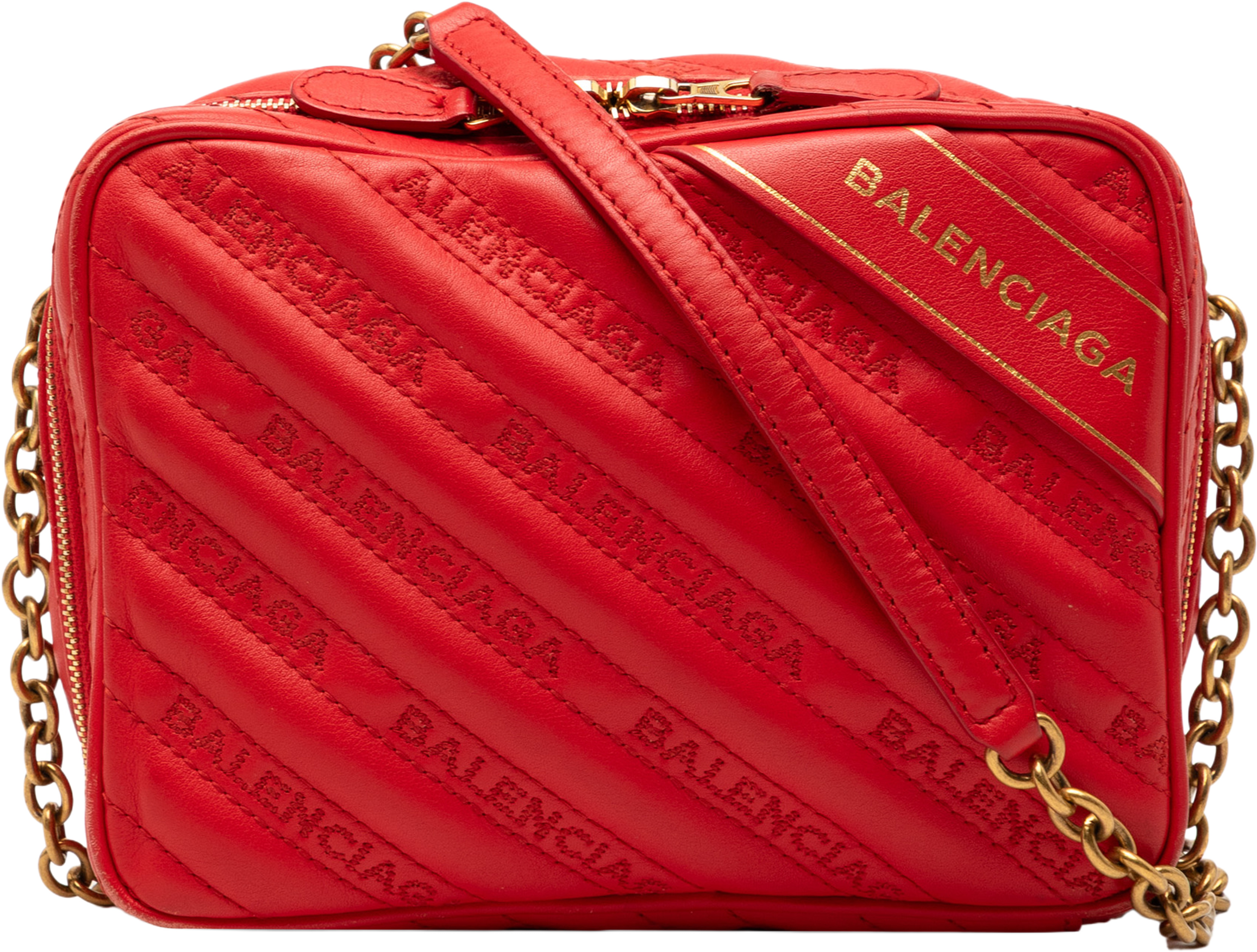Balenciaga Calfskin Allover Logo Blanket Reporter Xs Crossbody, från Luxclusif, i färgen red. Klicka för att öppna bilden i stort format