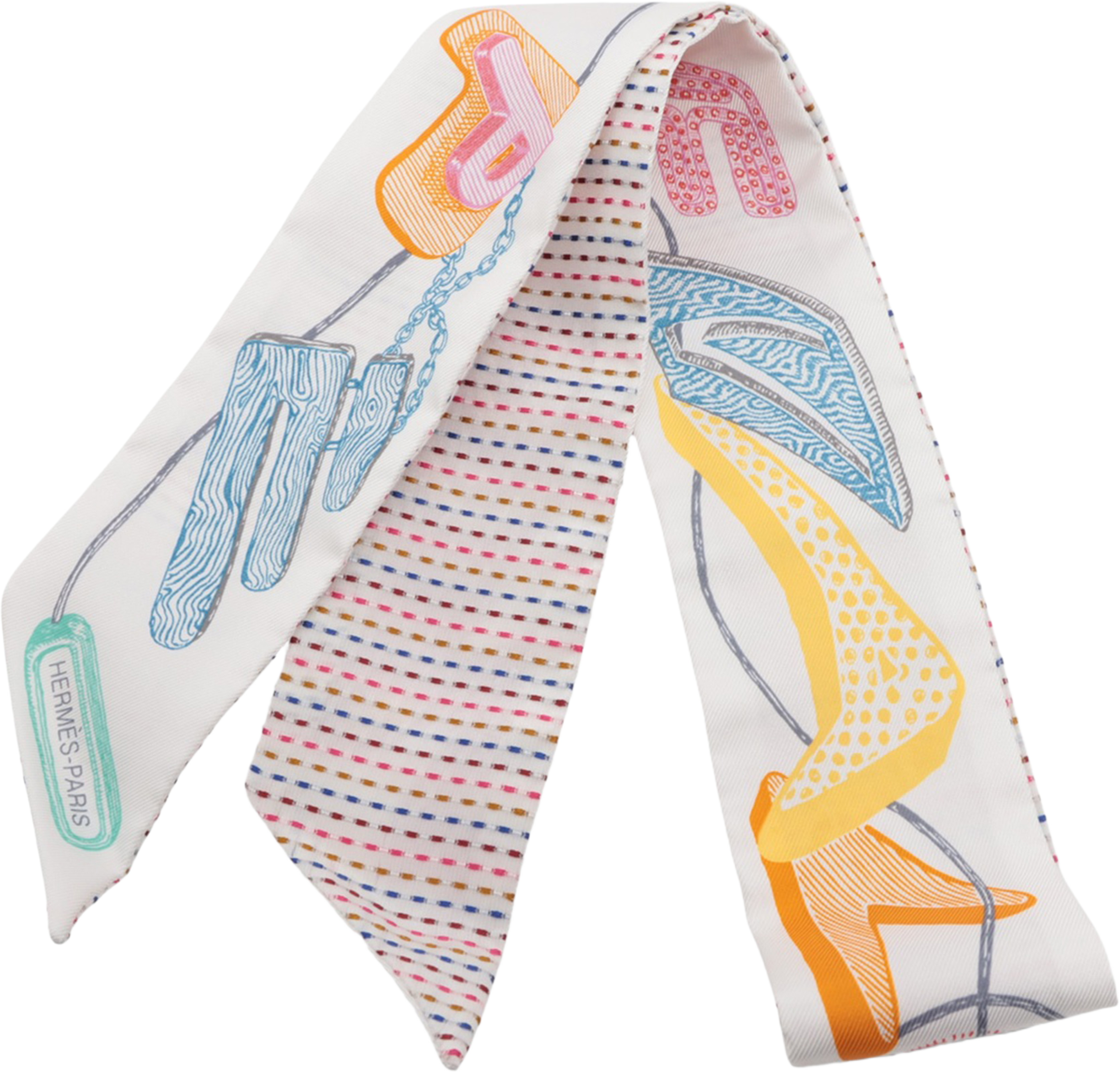 Hermès Chevaloscope Neon Pointille Silk Twilly, från Luxclusif, i färgen white. Klicka för att öppna bilden i stort format