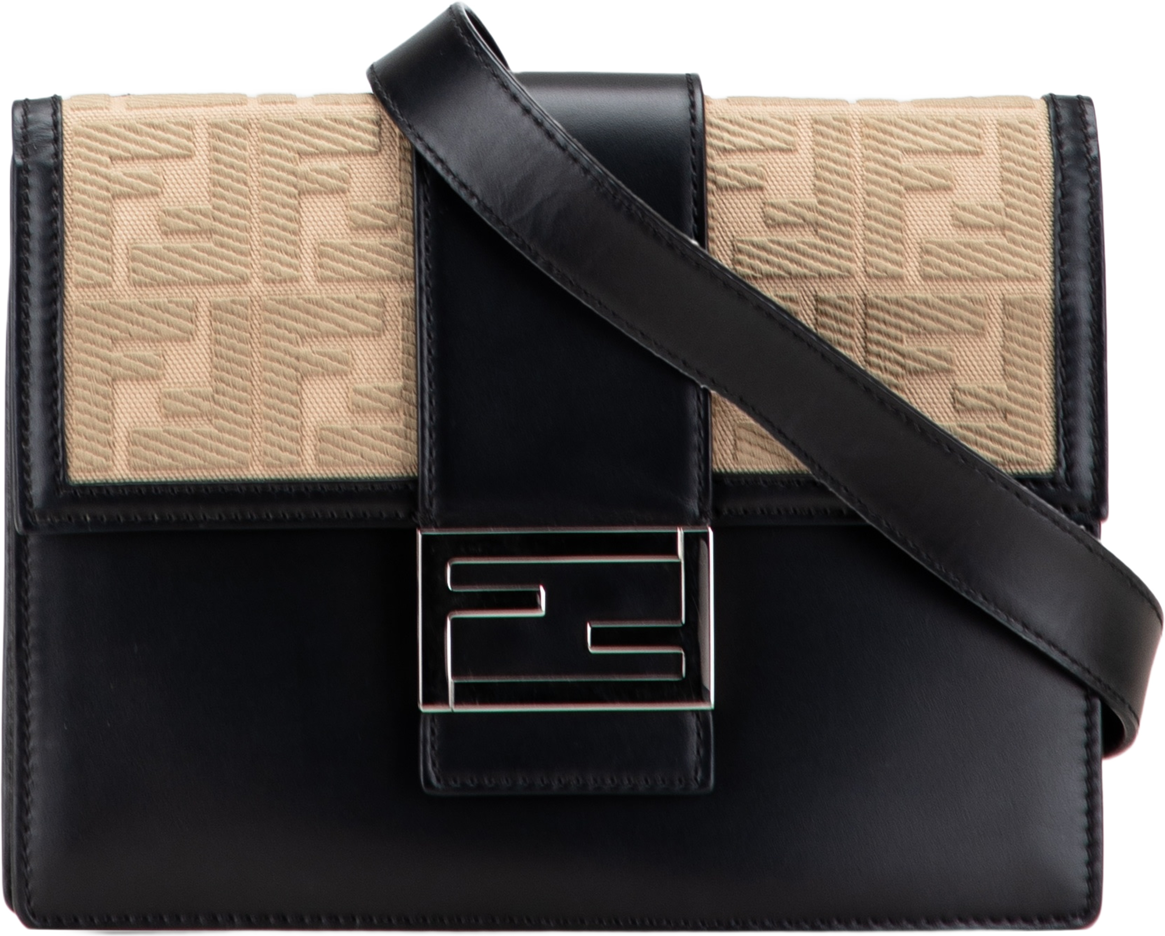 Fendi Calfskin And Canvas Ff 1974 Flat Baguette Crossbody, från Luxclusif, i färgen black. Klicka för att öppna bilden i stort format