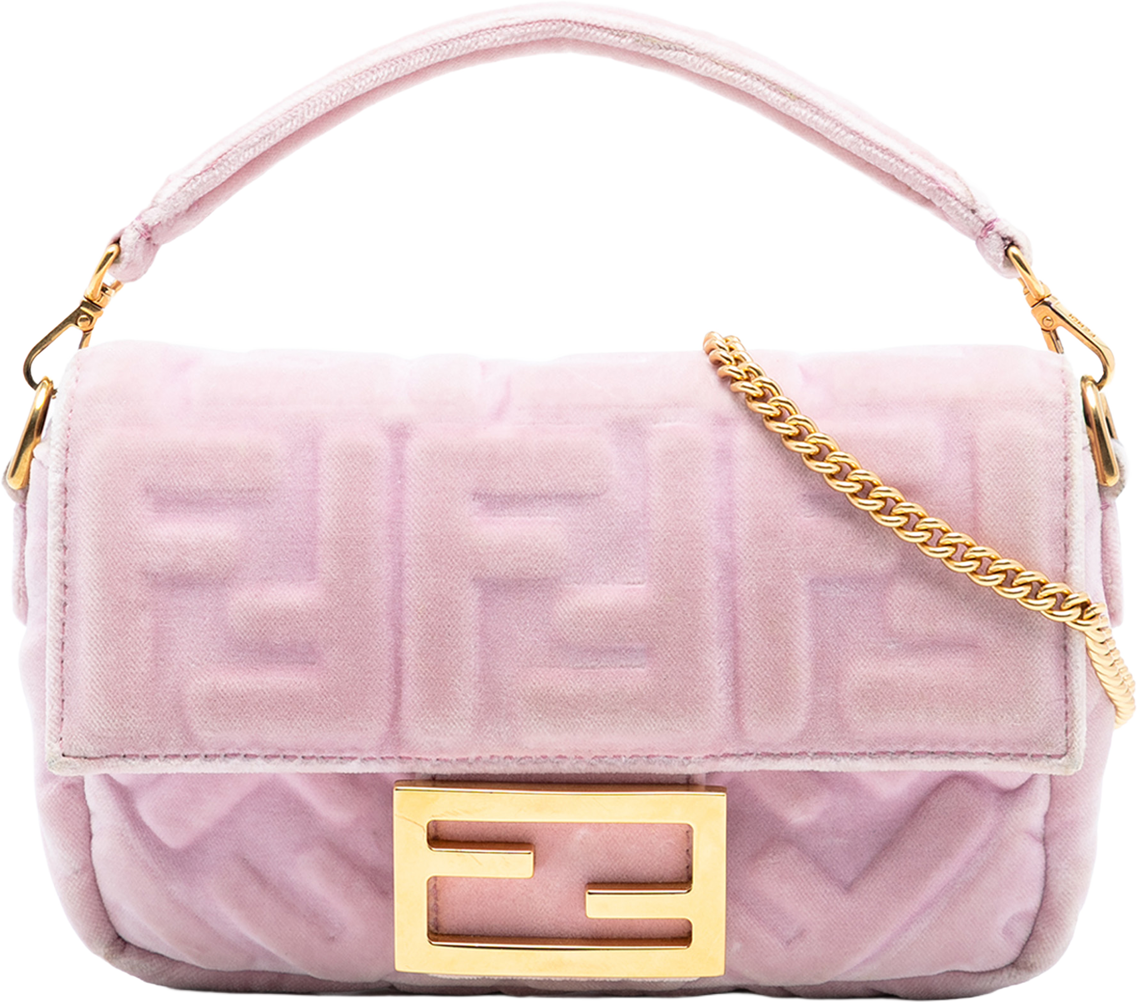 Fendi Mini Zucca Embossed Velvet Baguette Satchel, från Luxclusif, i färgen light pink. Klicka för att öppna bilden i stort format