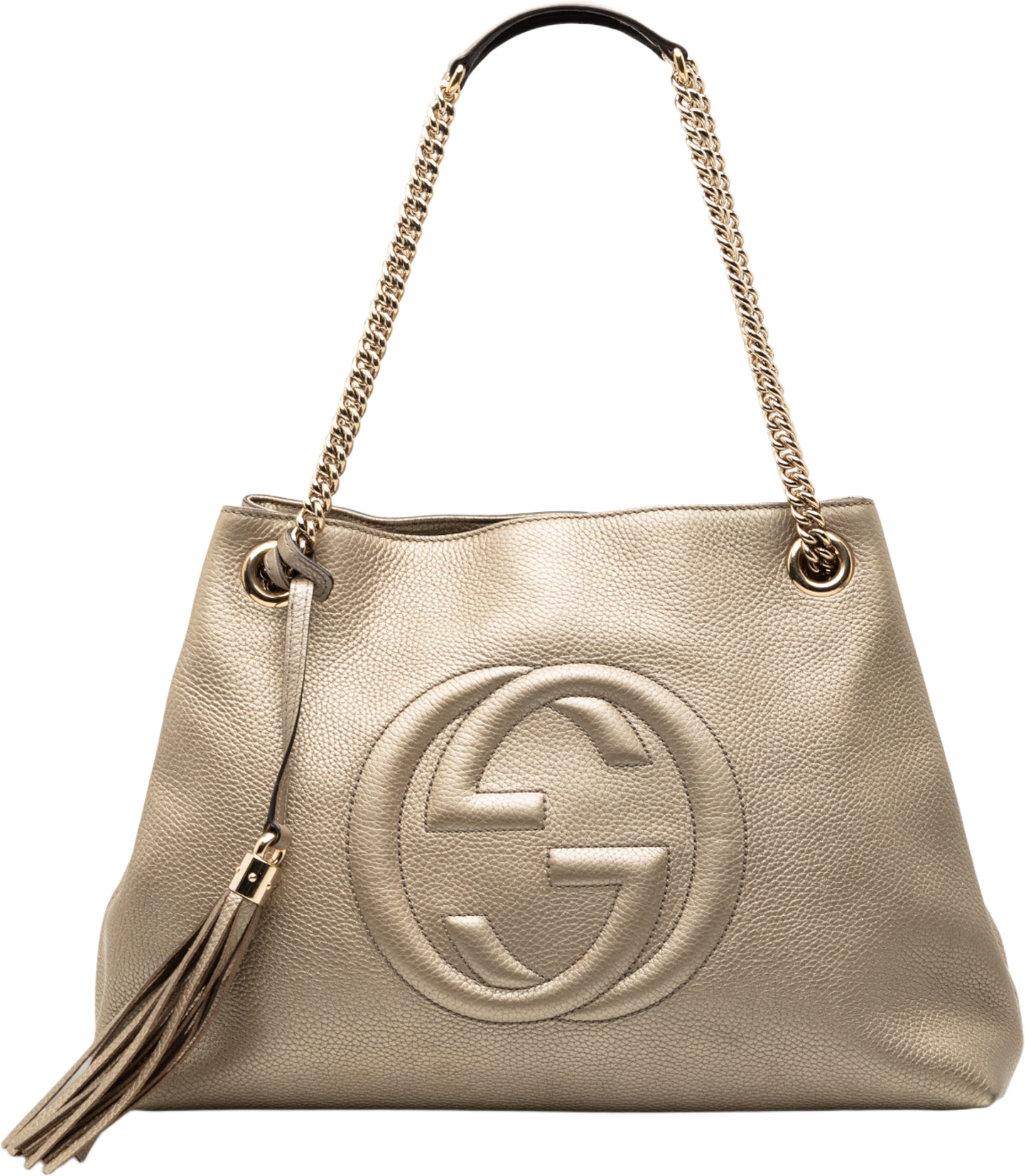 Gucci Medium Metallic Leather Soho Chain Tote, från Luxclusif, i färgen light gold. Klicka för att öppna bilden i stort format