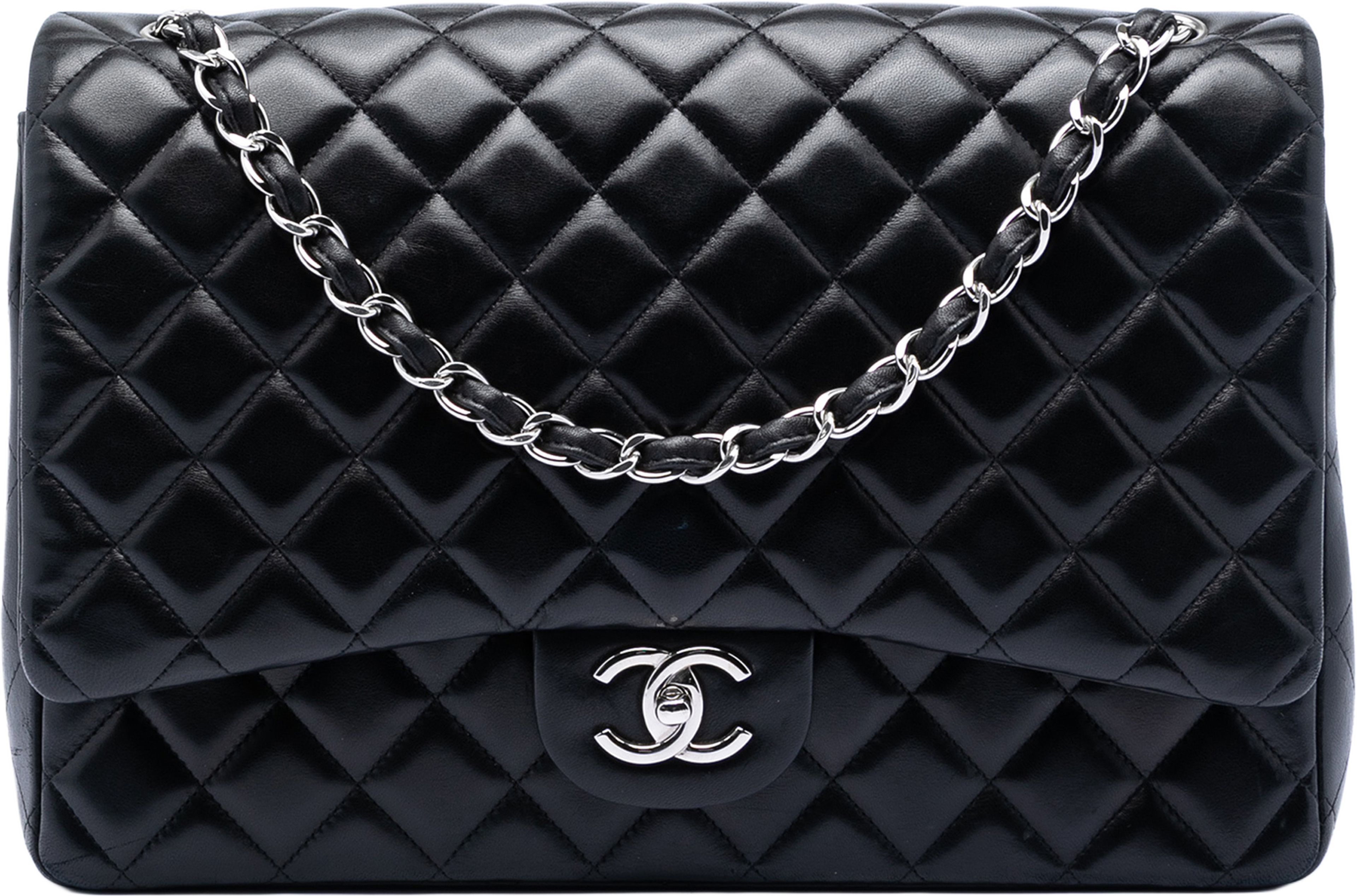 Chanel Maxi Classic Lambskin Double Flap, från Luxclusif, i färgen black. Klicka för att öppna bilden i stort format