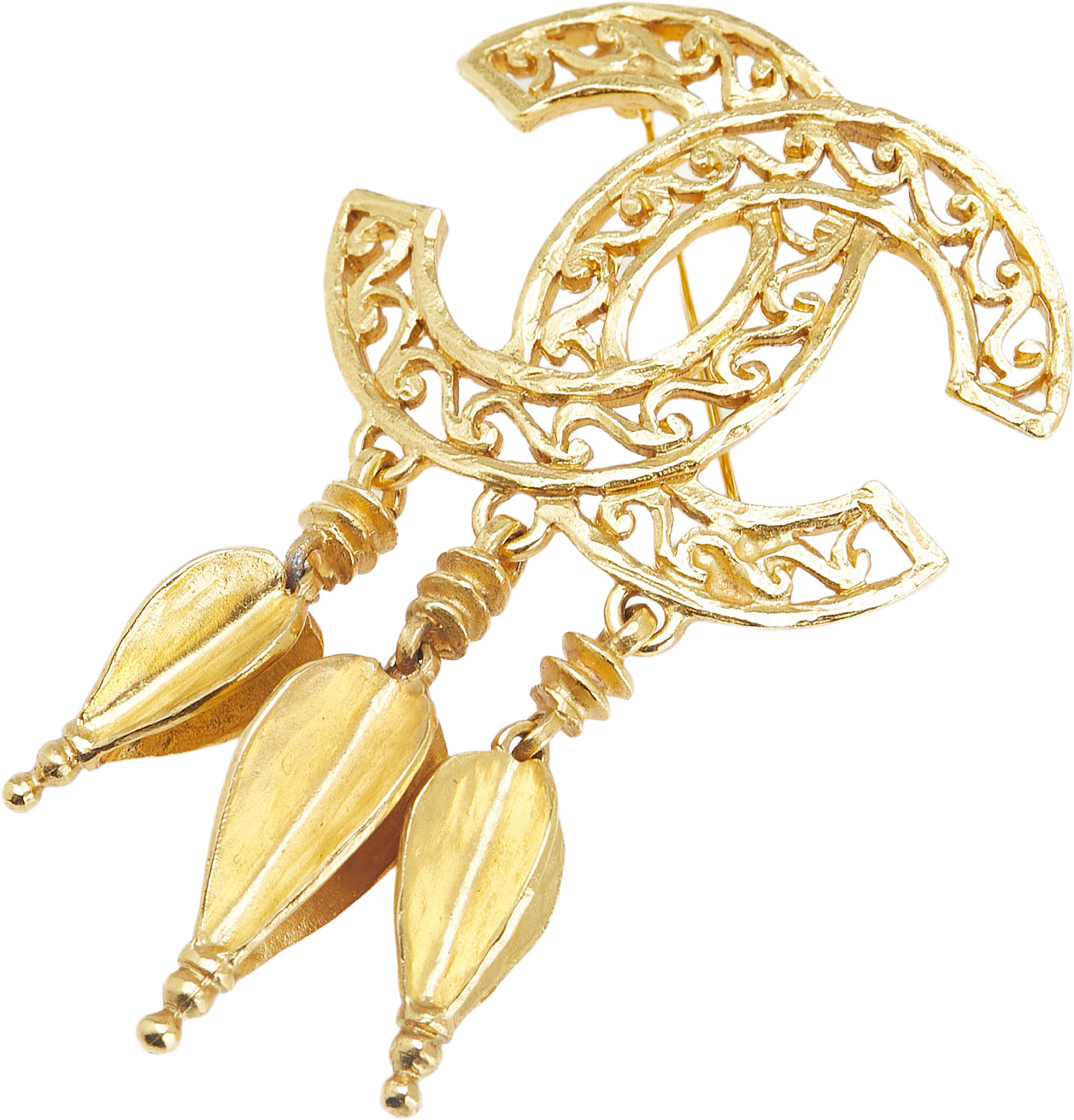 Chanel Cc Gold Plated Fretwork Fringe Brooch, från Luxclusif, i färgen gold. Klicka för att öppna bilden i stort format