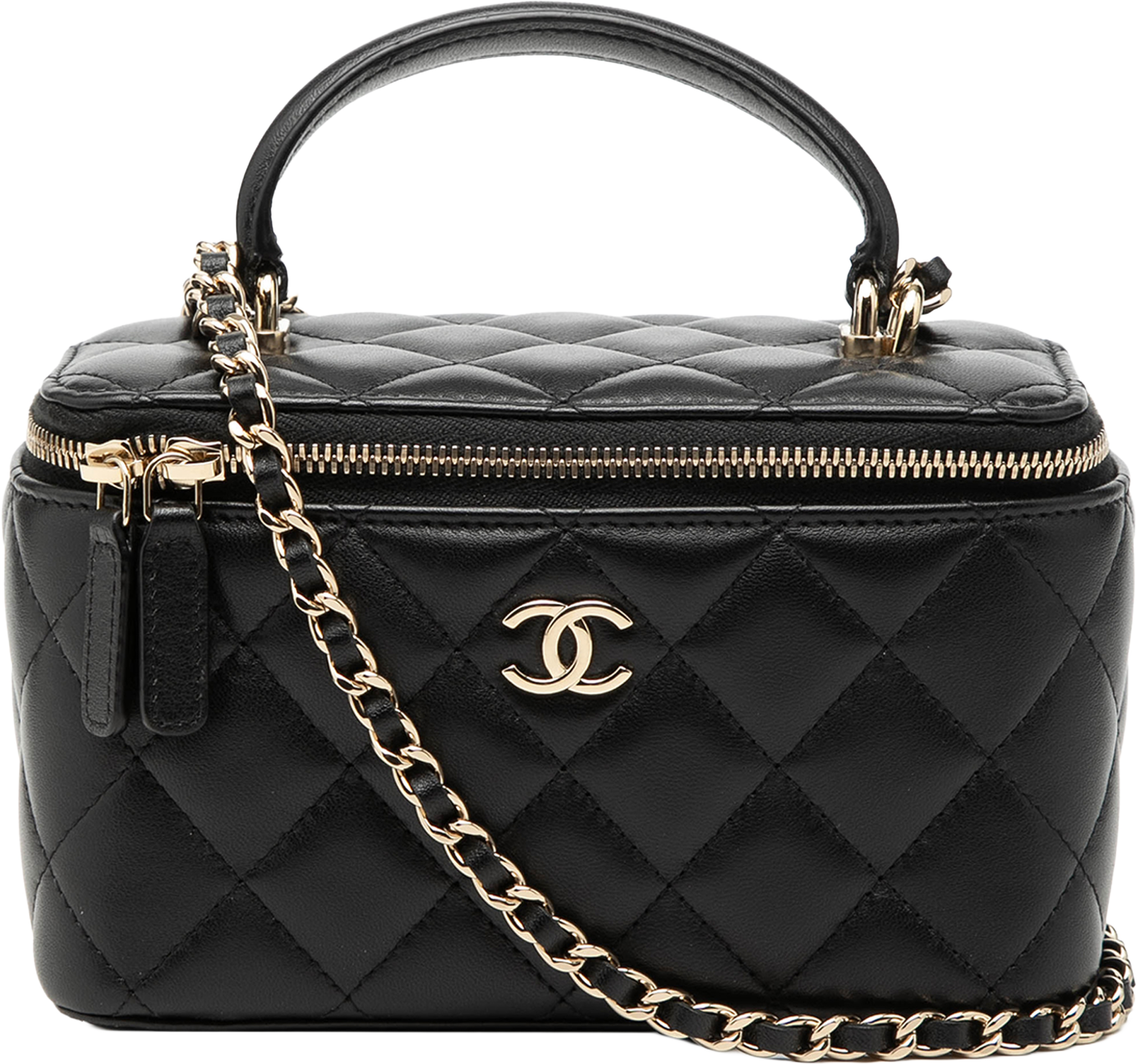 Chanel Small Lambskin Top Handle Vanity Case With Chain, från Luxclusif, i färgen black. Klicka för att öppna bilden i stort format