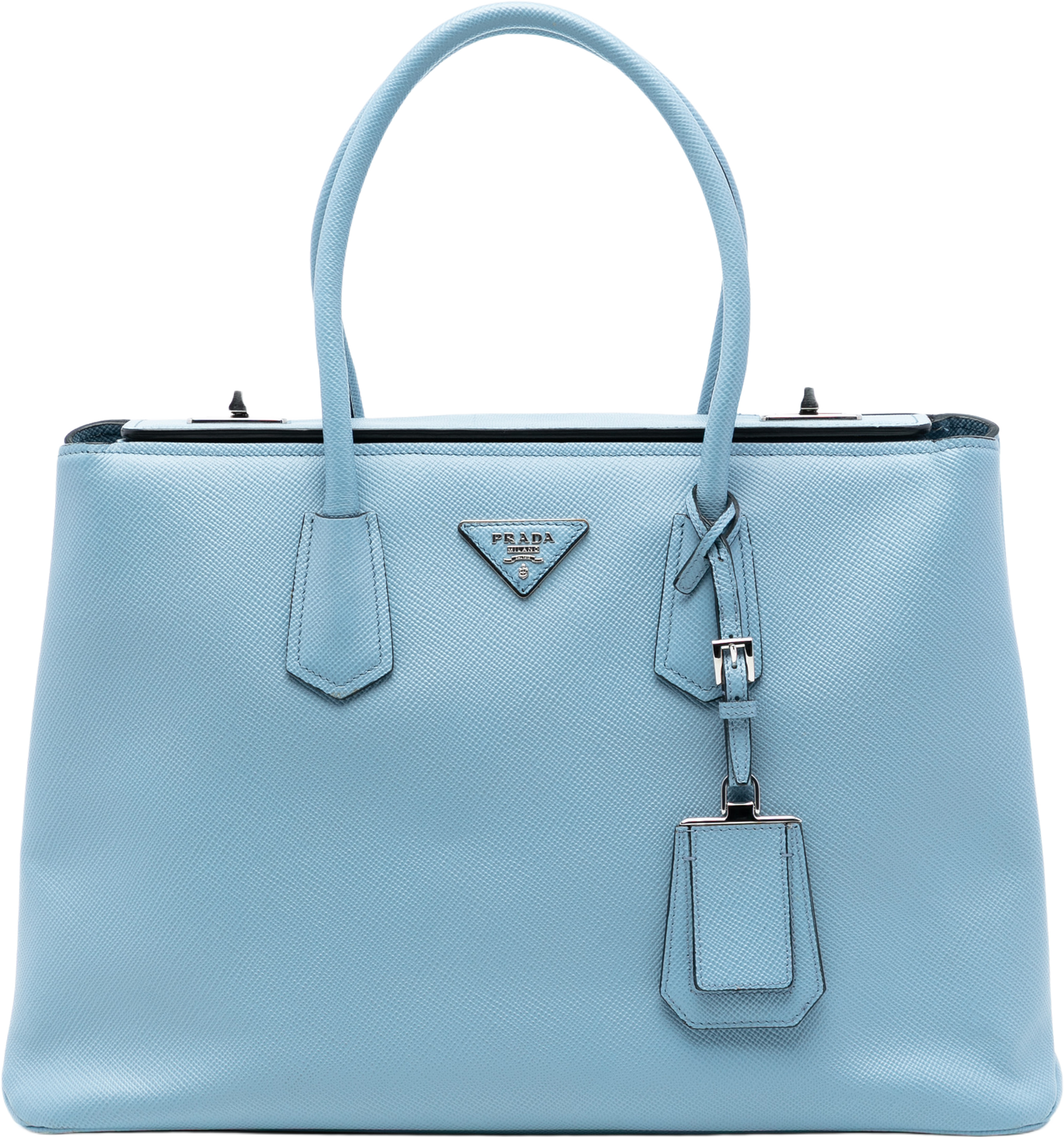 Prada Saffiano Cuir Turnlock Twin Satchel, från Luxclusif, i färgen light blue. Klicka för att öppna bilden i stort format