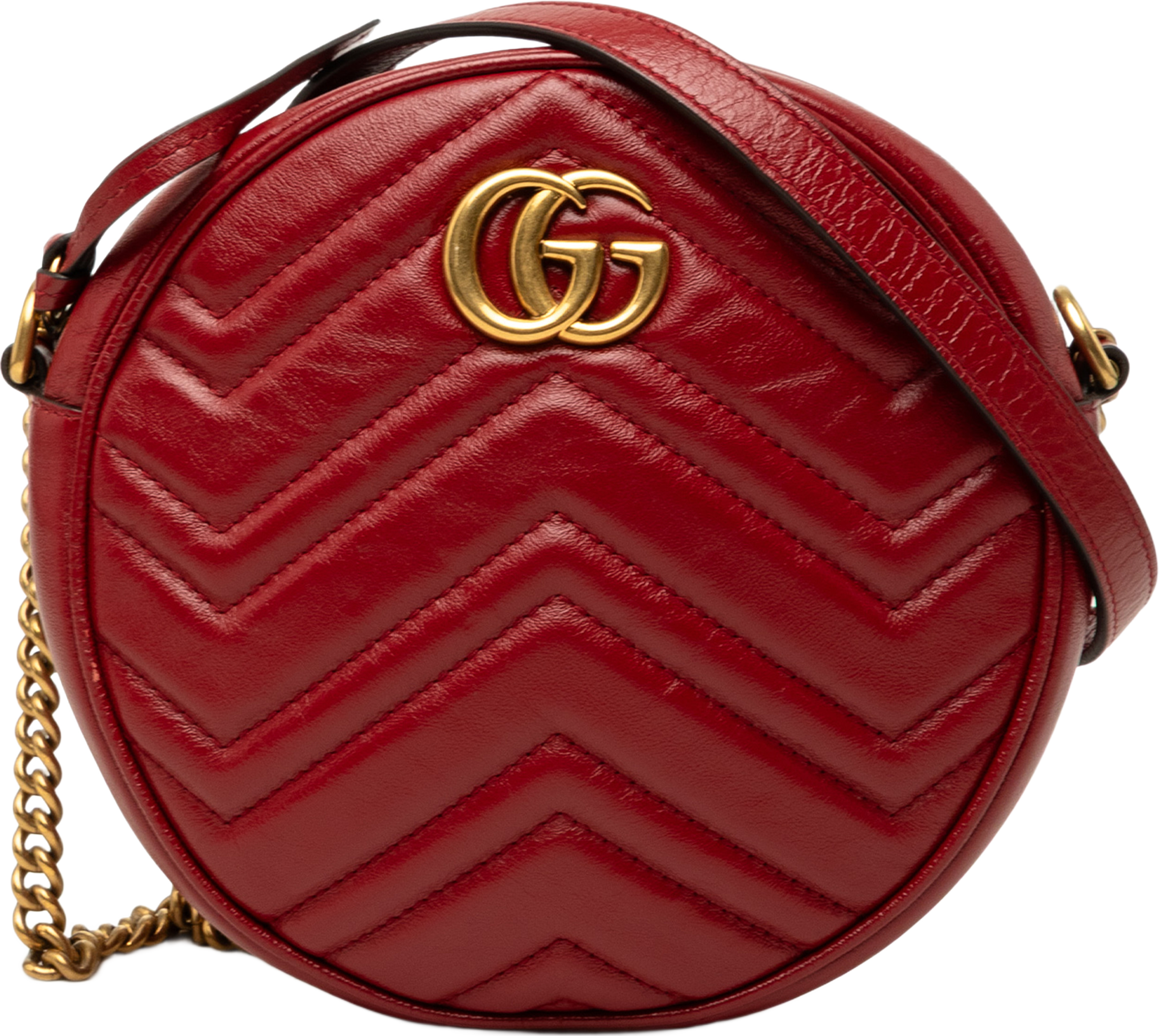 Gucci Mini Gg Marmont Matelasse Leather Round Crossbody, från Luxclusif, i färgen röd. Klicka för att öppna bilden i stort format