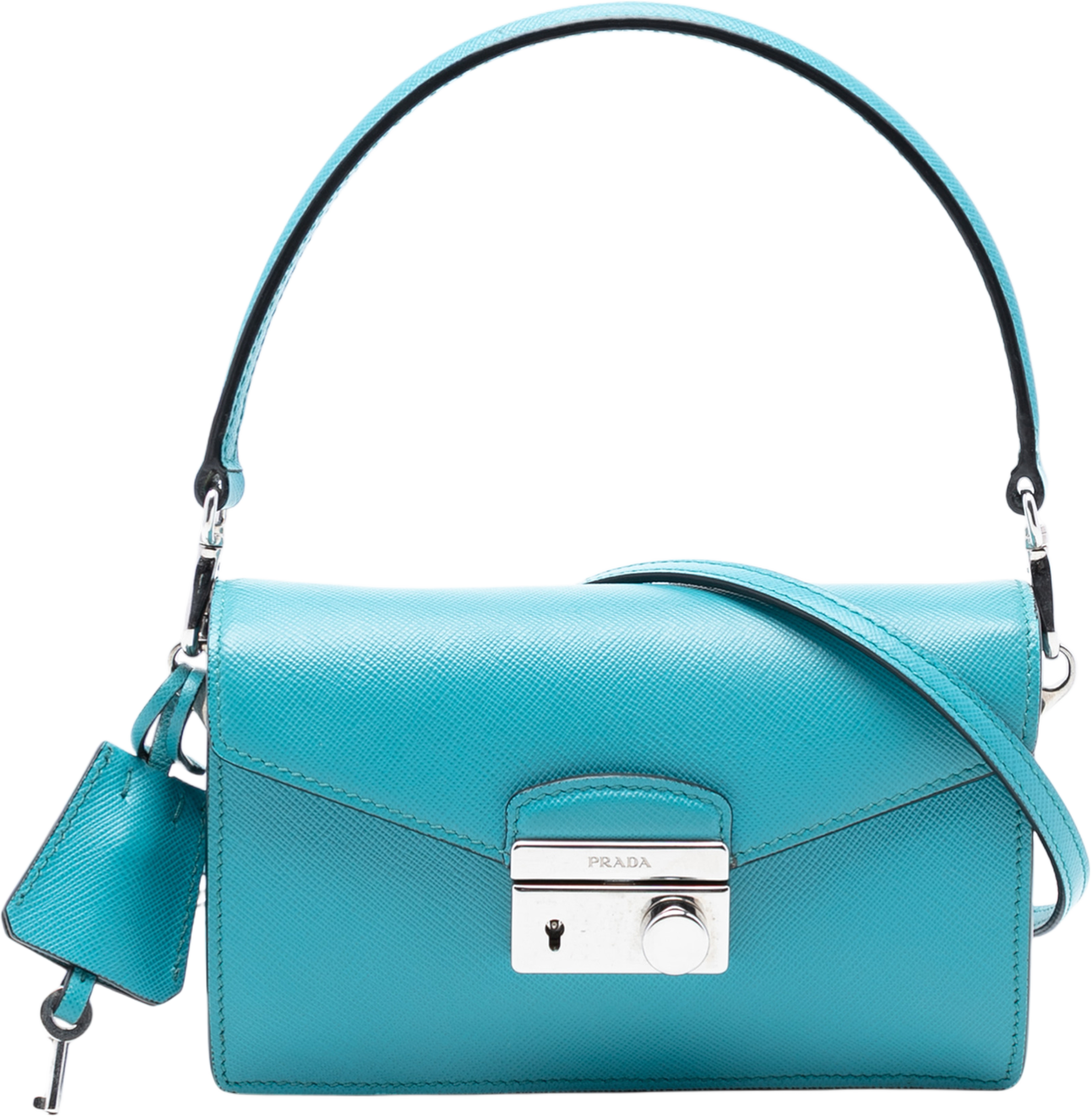 Prada Saffiano Lux Sound Lock Satchel, från Luxclusif, i färgen turquoise. Klicka för att öppna bilden i stort format
