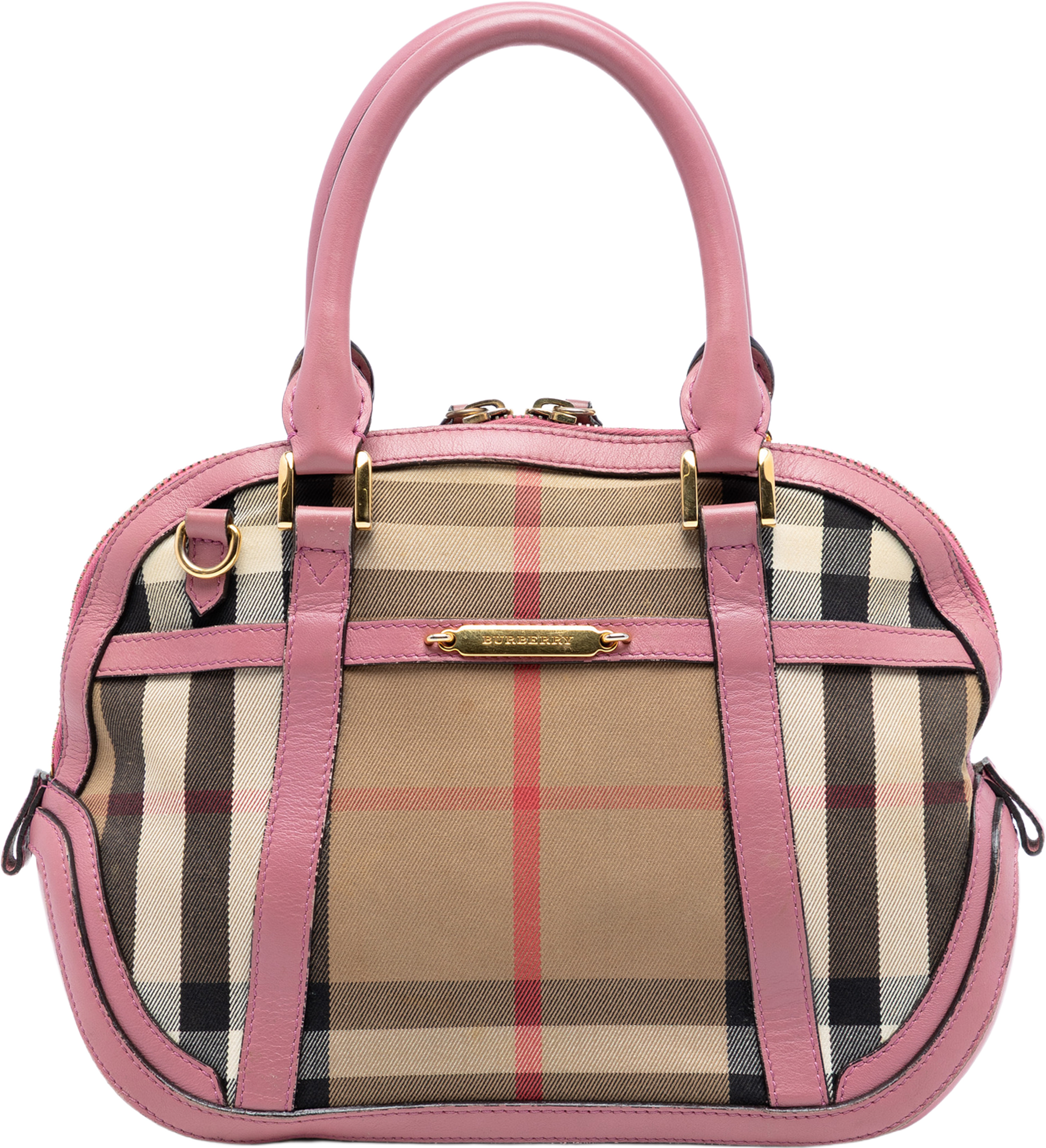 Burberry Small Leather Trimmed House Check Canvas Bridle Orchard Satchel, från Luxclusif, i färgen light brown. Klicka för att öppna bilden i stort format