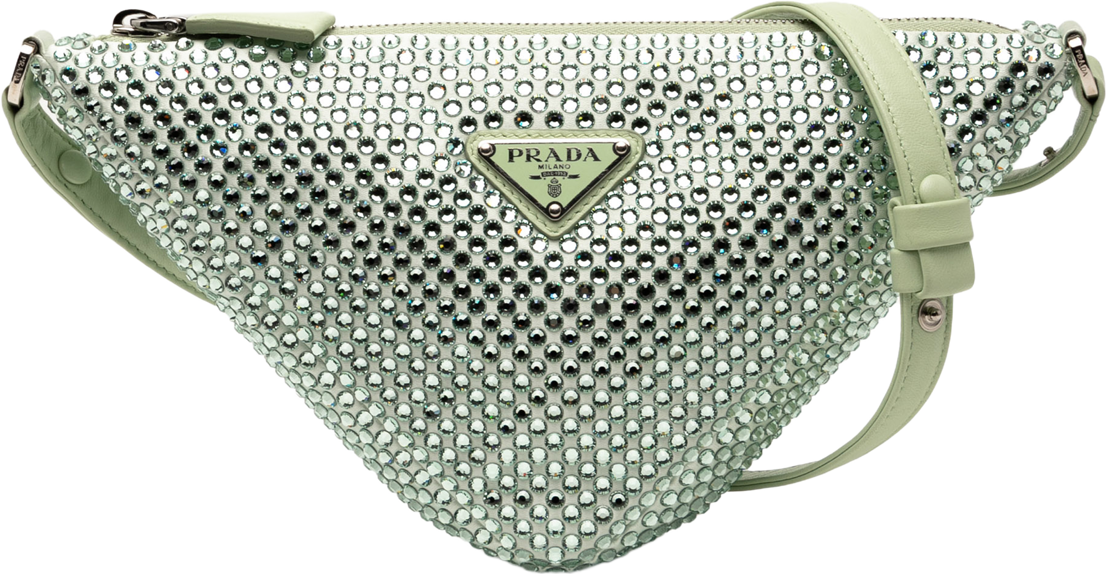 Prada Satin Crystal Embellished Triangle Pouch, från Luxclusif, i färgen mint. Klicka för att öppna bilden i stort format