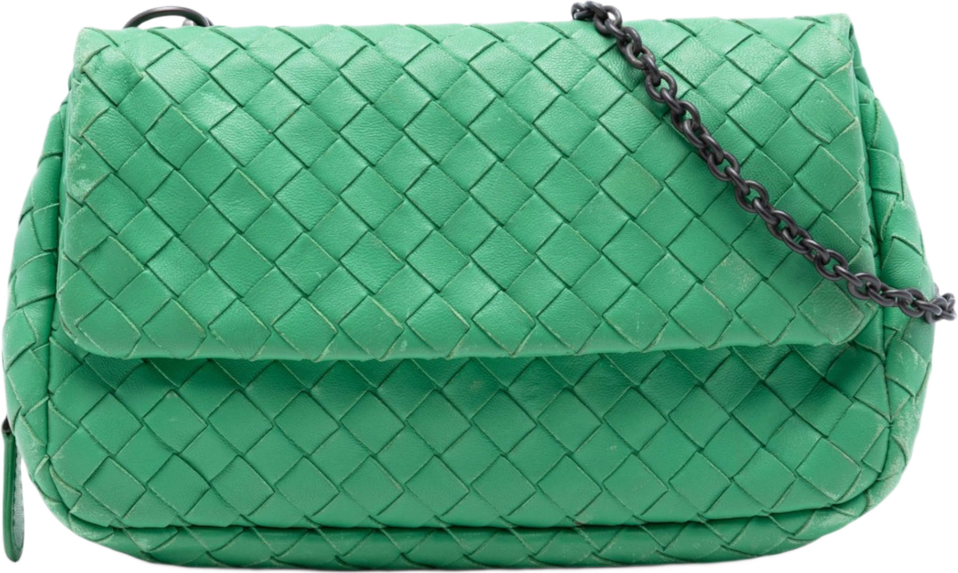 Bottega Veneta Mini Nappa Intrecciato Expandable Chain Flap Crossbody, från Luxclusif, i färgen grön. Klicka för att öppna bilden i stort format