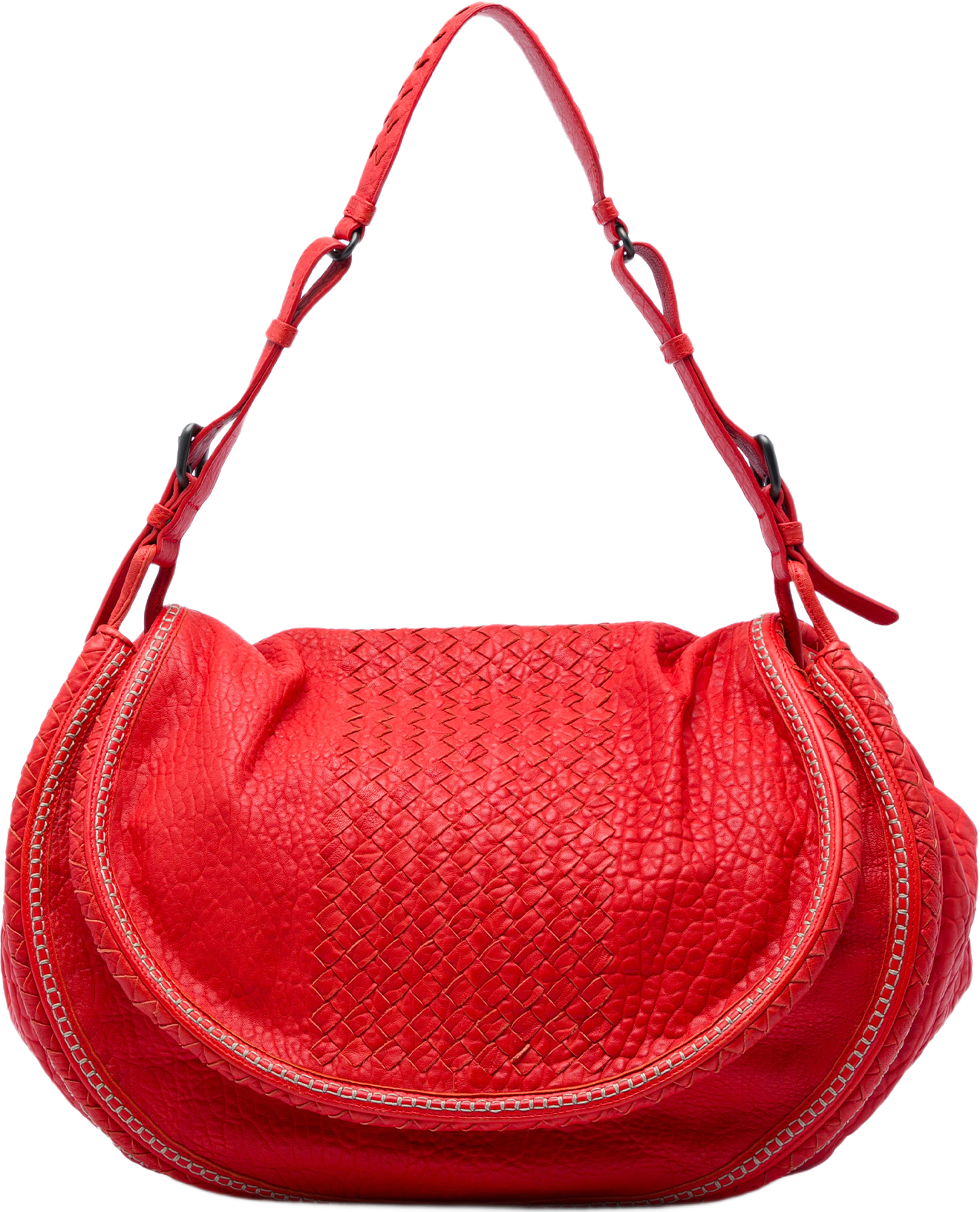 Bottega Veneta Intrecciato Trimmed Cervo Flap Bag, från Luxclusif, i färgen röd. Klicka för att öppna bilden i stort format