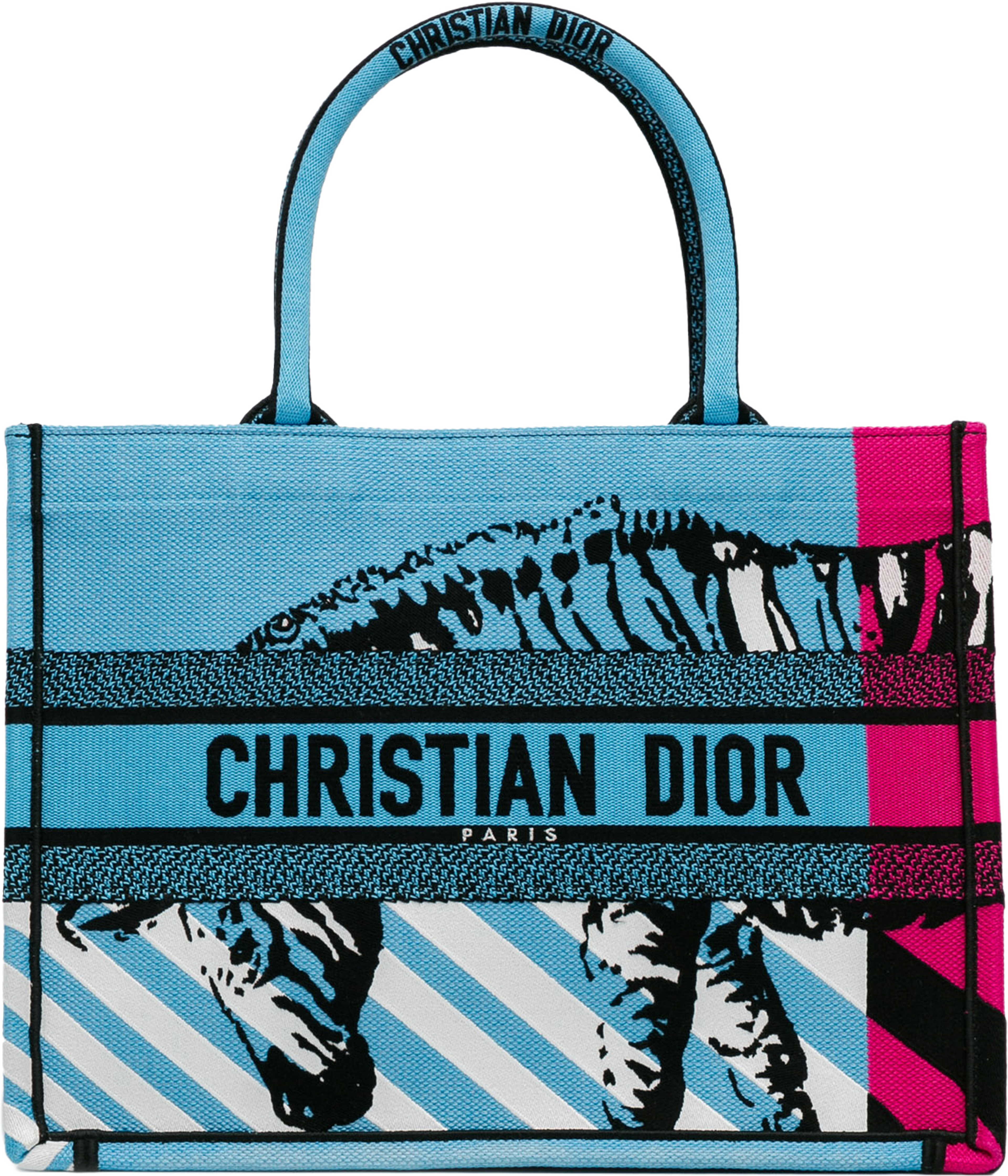 Dior Medium Embroidered Canvas Zebra D Jungle Pop Book Tote, från Luxclusif, i färgen light blue. Klicka för att öppna bilden i stort format