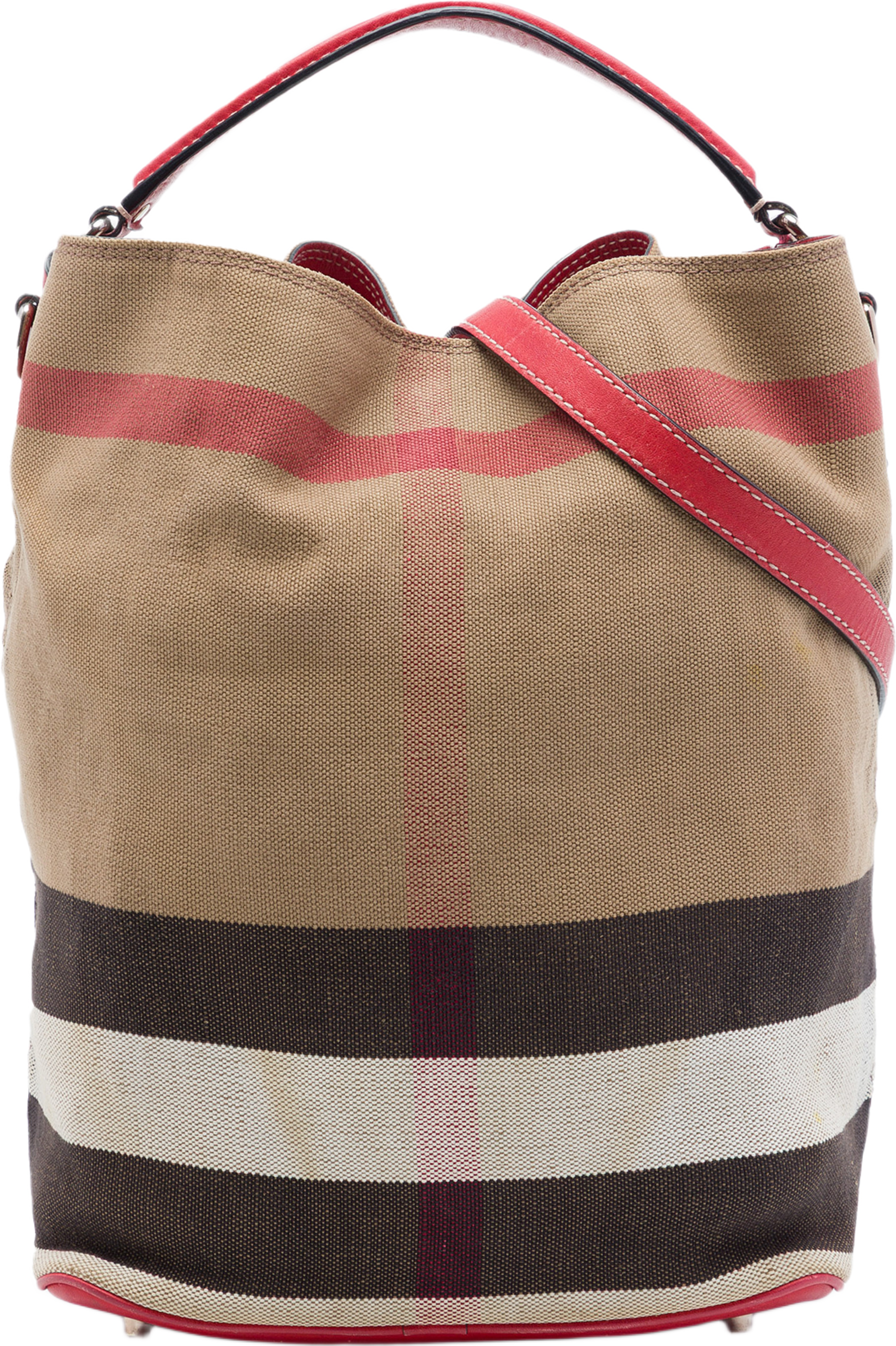 Burberry Medium Mega Check Canvas Ashby Bucket Bag, från Luxclusif, i färgen brun. Klicka för att öppna bilden i stort format