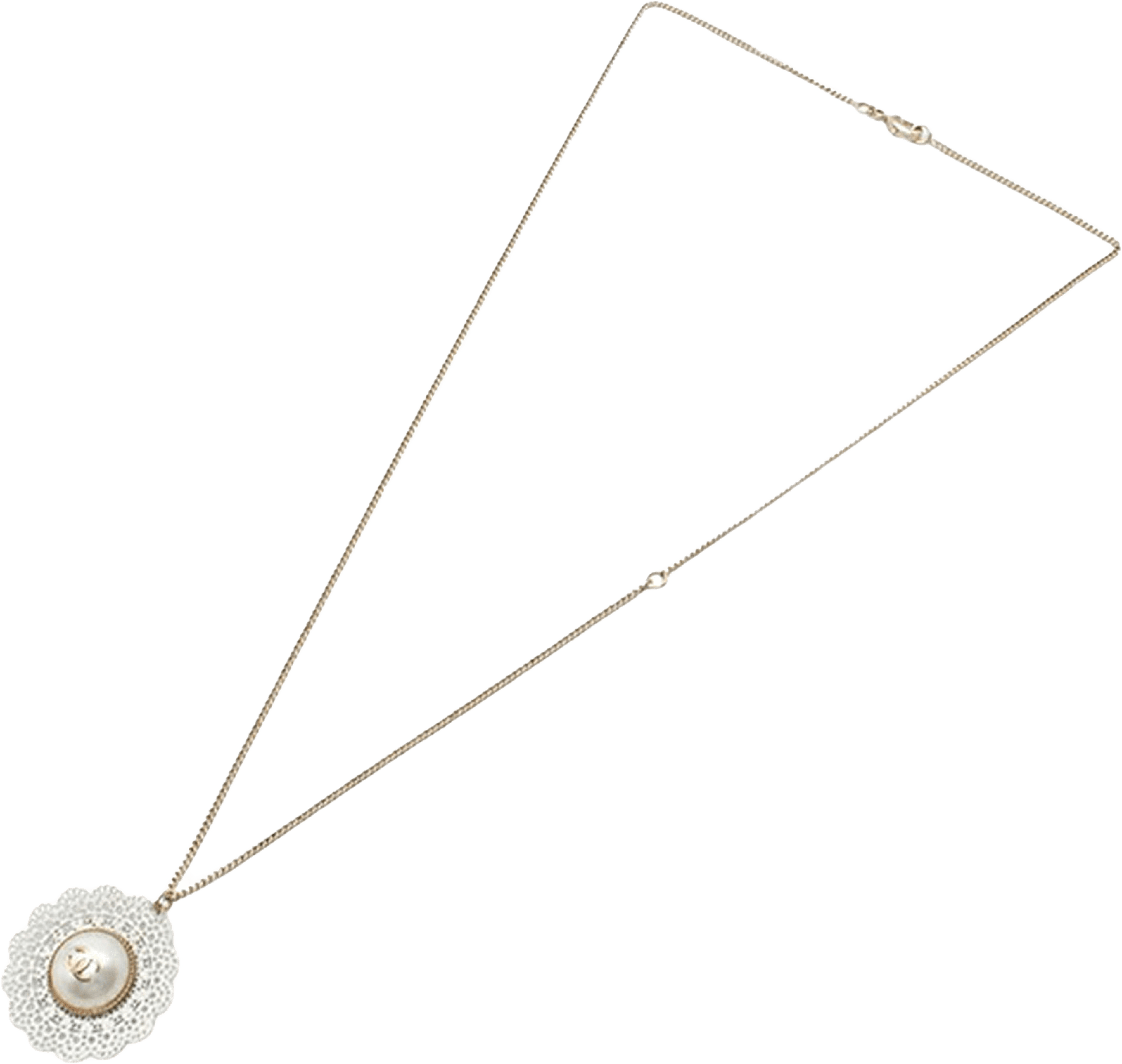 Chanel Gold Plated Cc Faux Pearl Lace Pendant Necklace, från Luxclusif, i färgen gold. Klicka för att öppna bilden i stort format