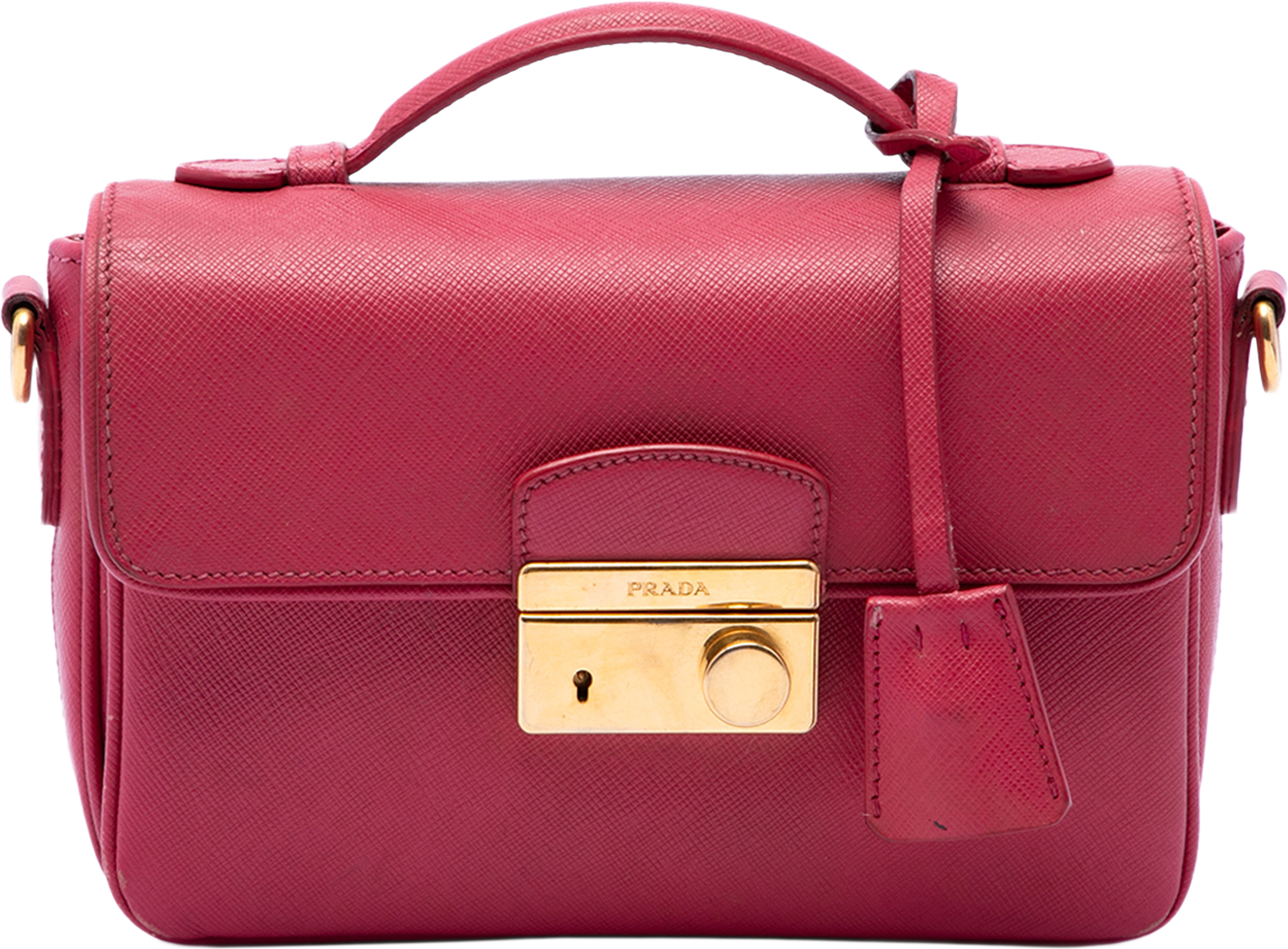 Prada Saffiano Sound Lock Satchel, från Luxclusif, i färgen rosa. Klicka för att öppna bilden i stort format