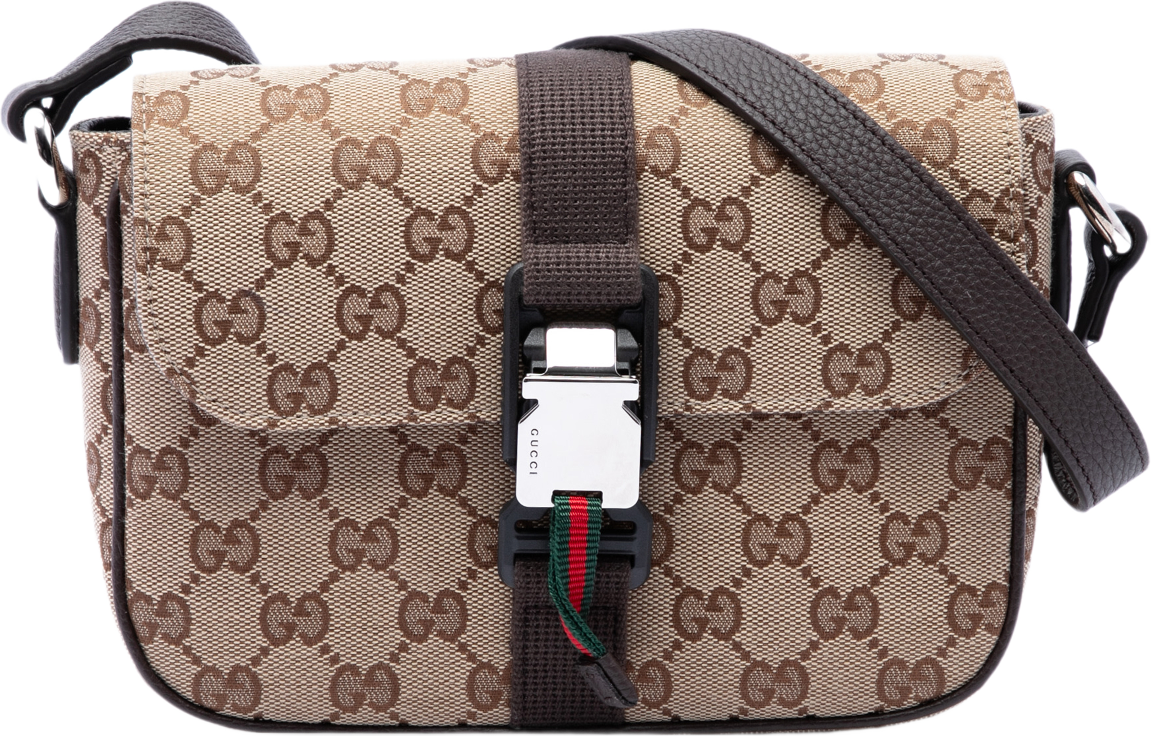 Gucci Gg Canvas Web Buckle Flap Crossbody, från Luxclusif, i färgen beige. Klicka för att öppna bilden i stort format