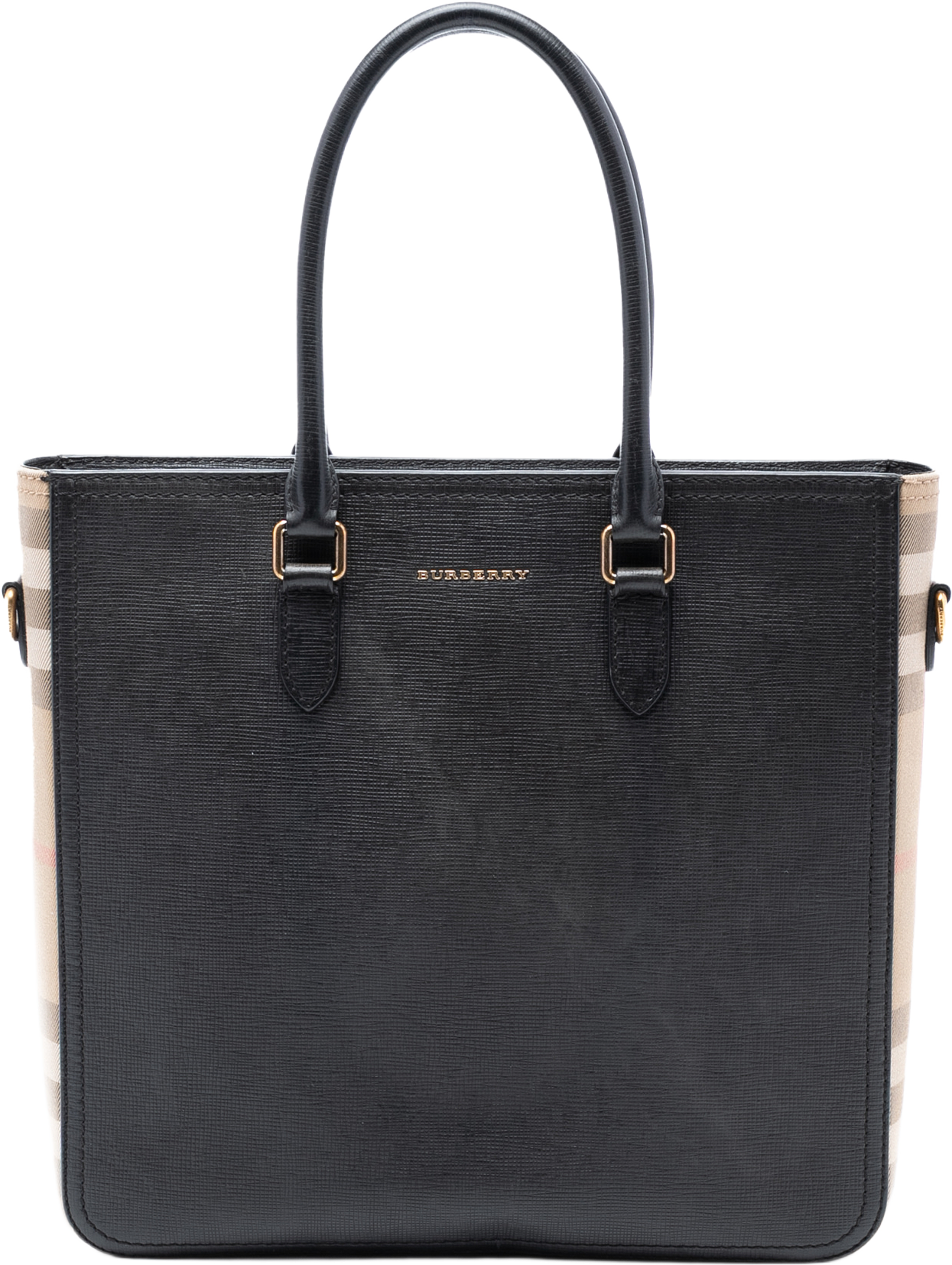 Burberry Leather And Mega Check Canvas Banwell Tote, från Luxclusif, i färgen black. Klicka för att öppna bilden i stort format