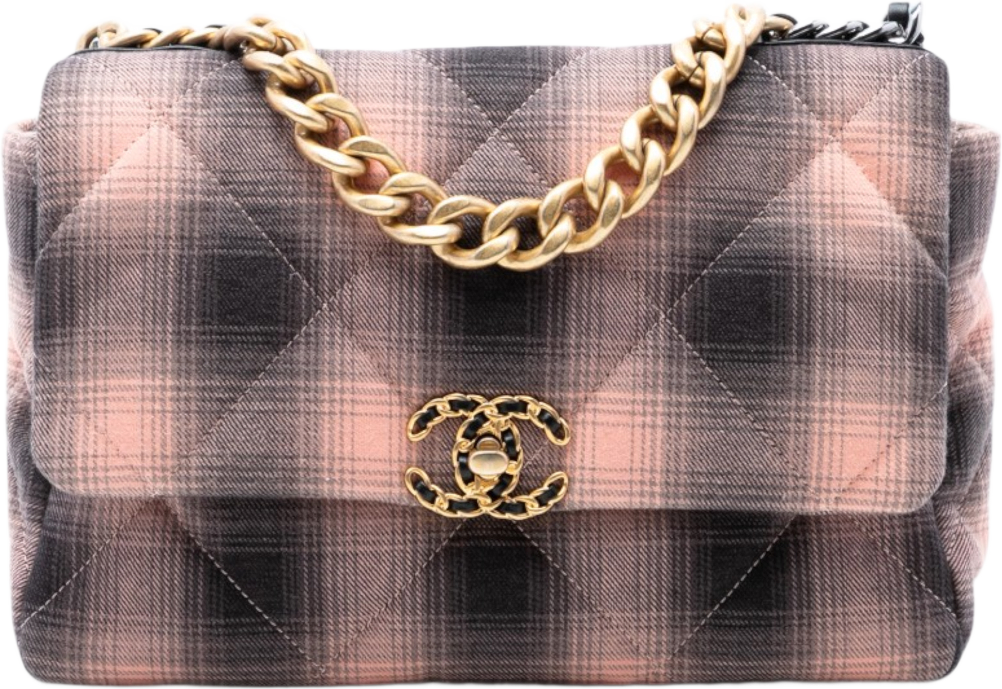 Chanel Large Cotton Check 19 Flap, från Luxclusif, i färgen pink. Klicka för att öppna bilden i stort format
