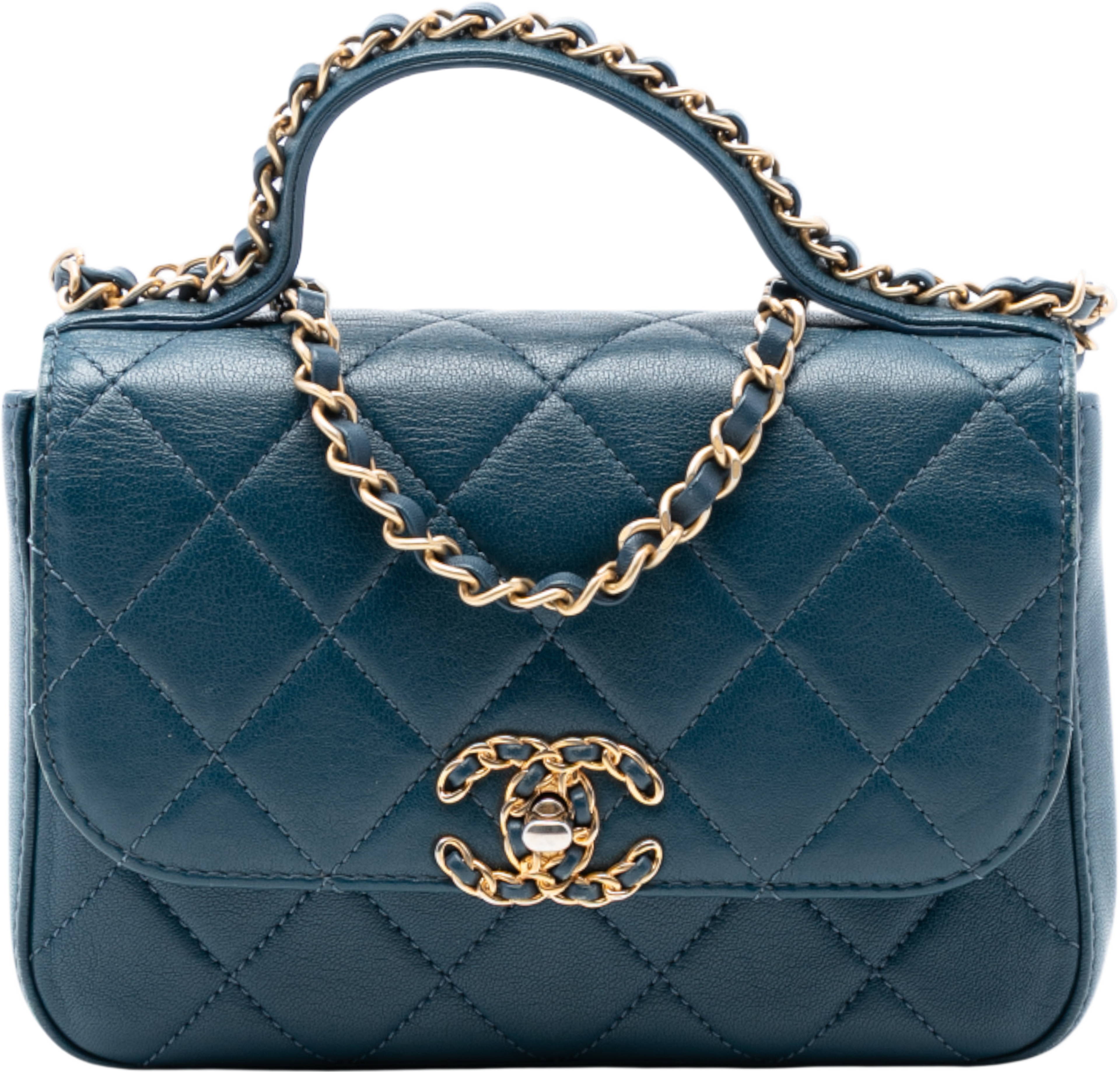Chanel Small Quilted Calfskin Chain Infinity Top Handle Flap, från Luxclusif, i färgen peacock. Klicka för att öppna bilden i stort format