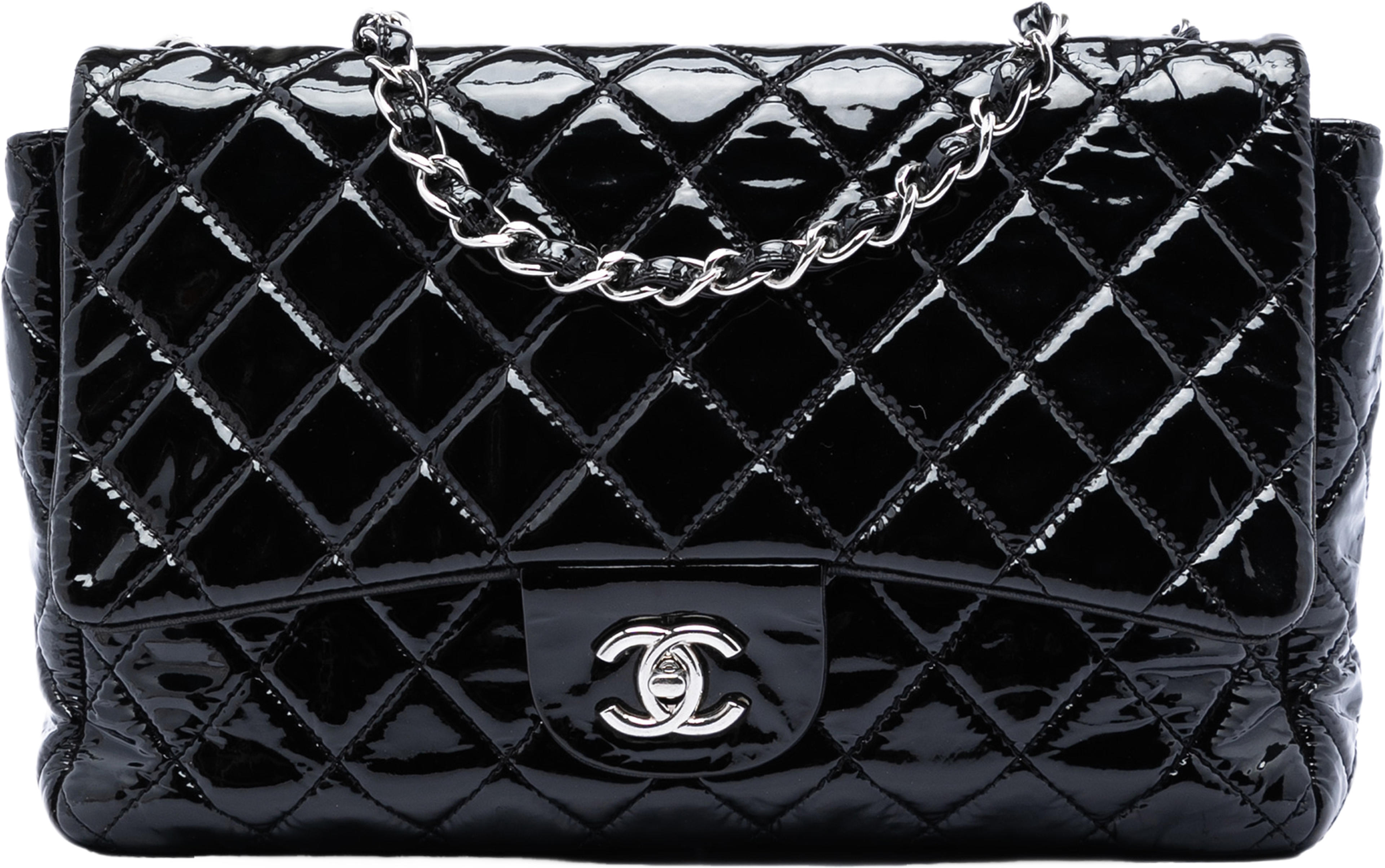 Chanel Jumbo Classic Patent Single Flap, från Luxclusif, i färgen black. Klicka för att öppna bilden i stort format