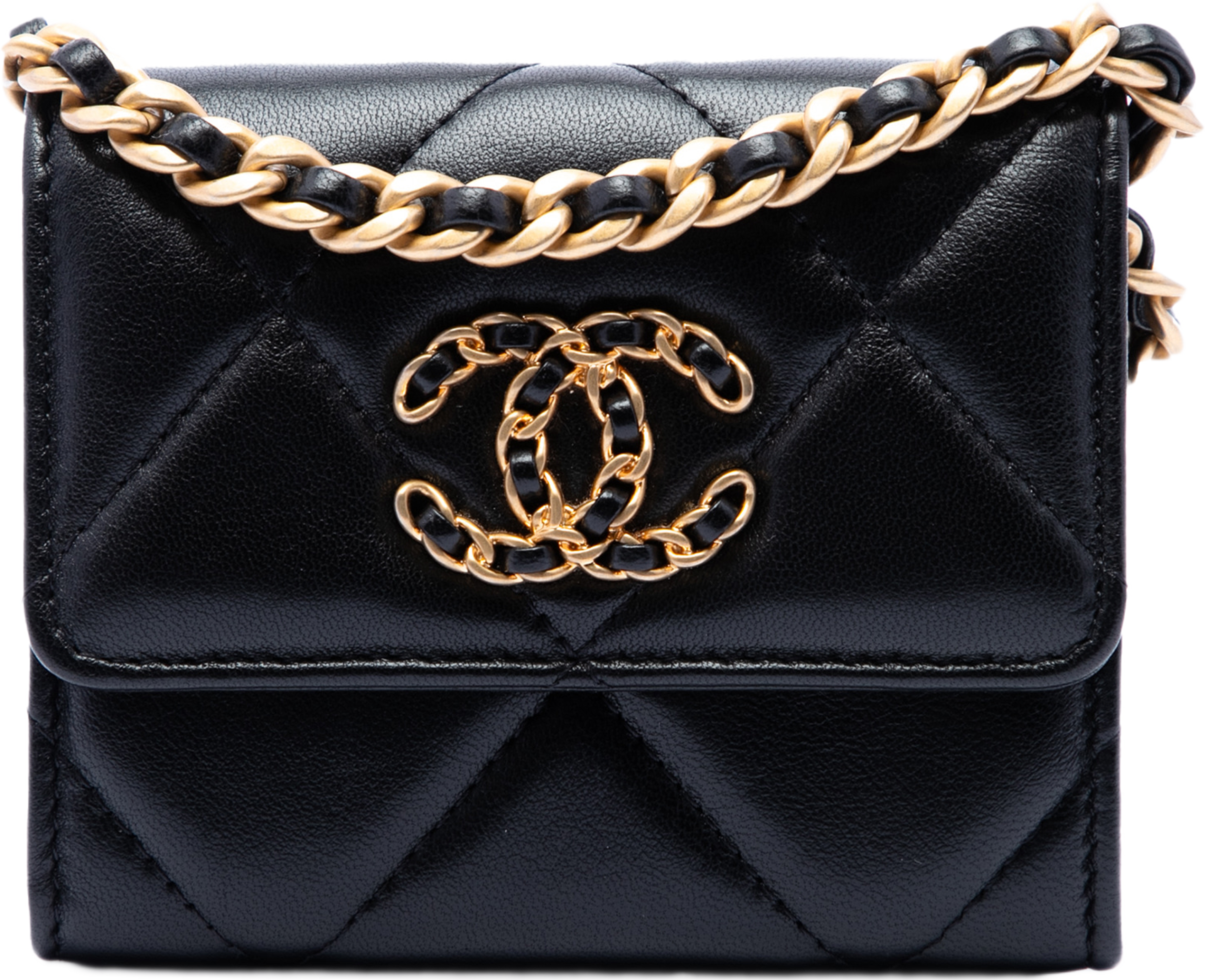 Chanel Quilted Lambskin 19 Flap Coin Purse With Chain, från Luxclusif, i färgen svart. Klicka för att öppna bilden i stort format