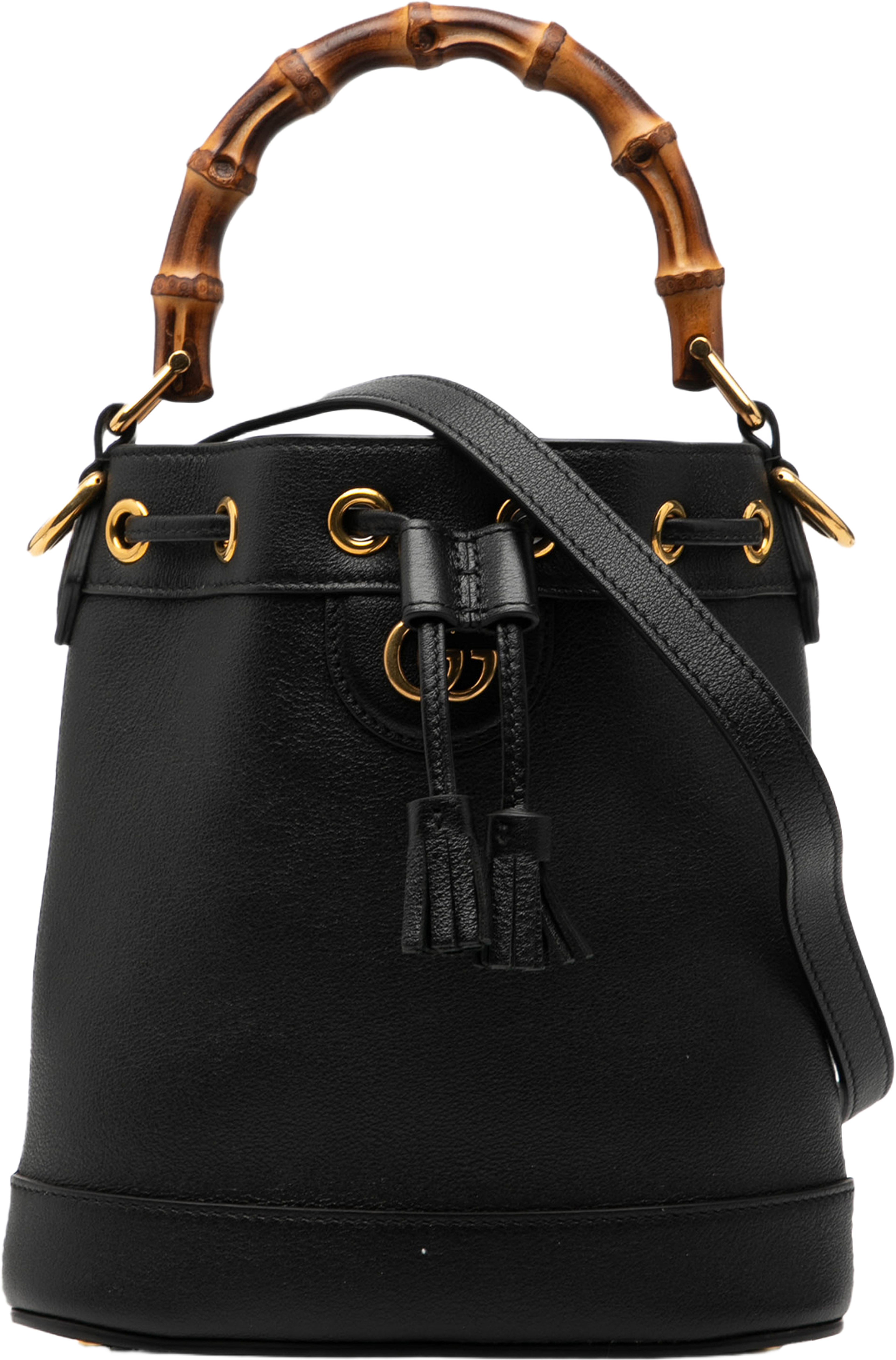 Gucci Mini Calfskin Bamboo Diana Bucket Bag, från Luxclusif, i färgen black. Klicka för att öppna bilden i stort format