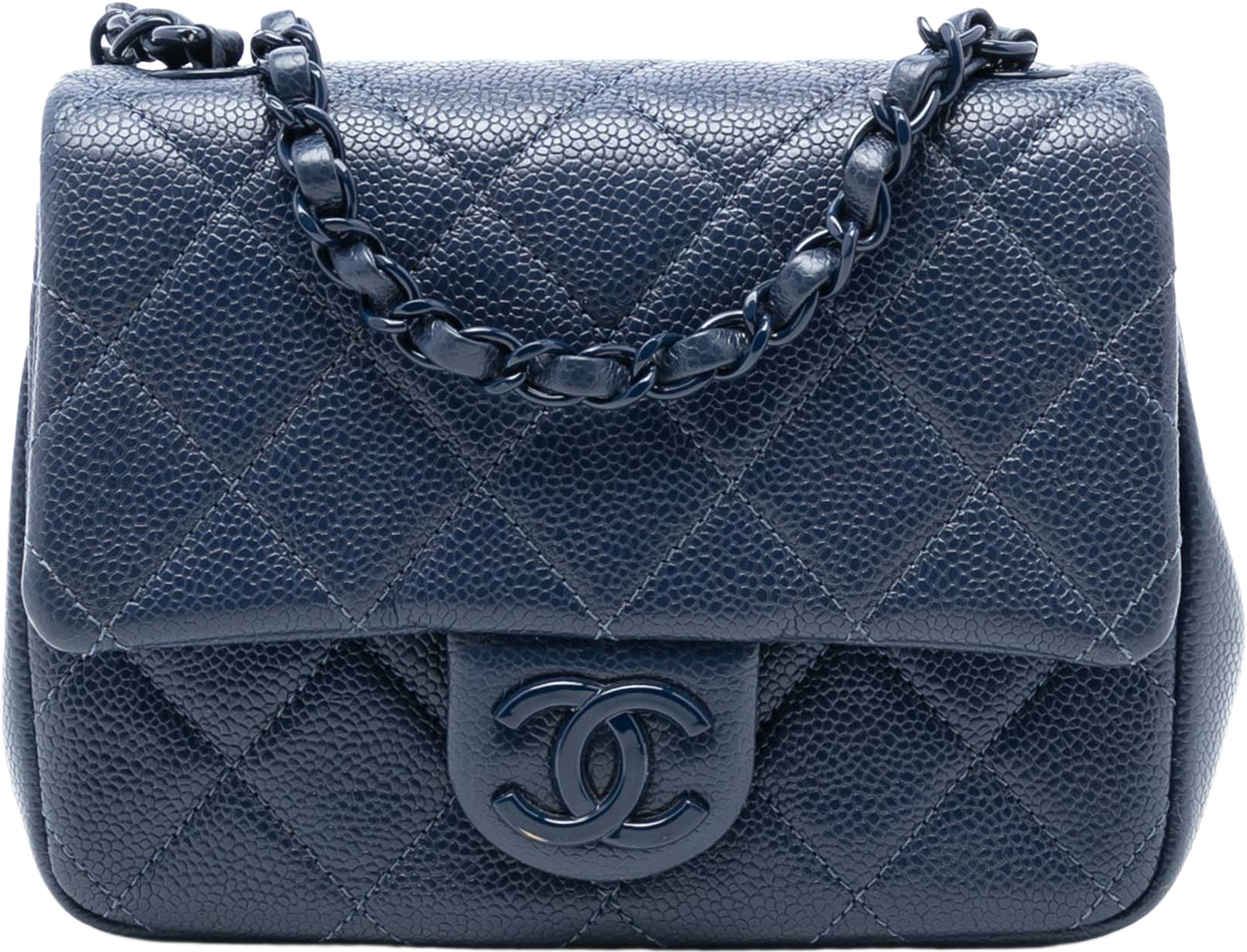 Chanel Mini Square Caviar Incognito Flap, från Luxclusif, i färgen navy. Klicka för att öppna bilden i stort format