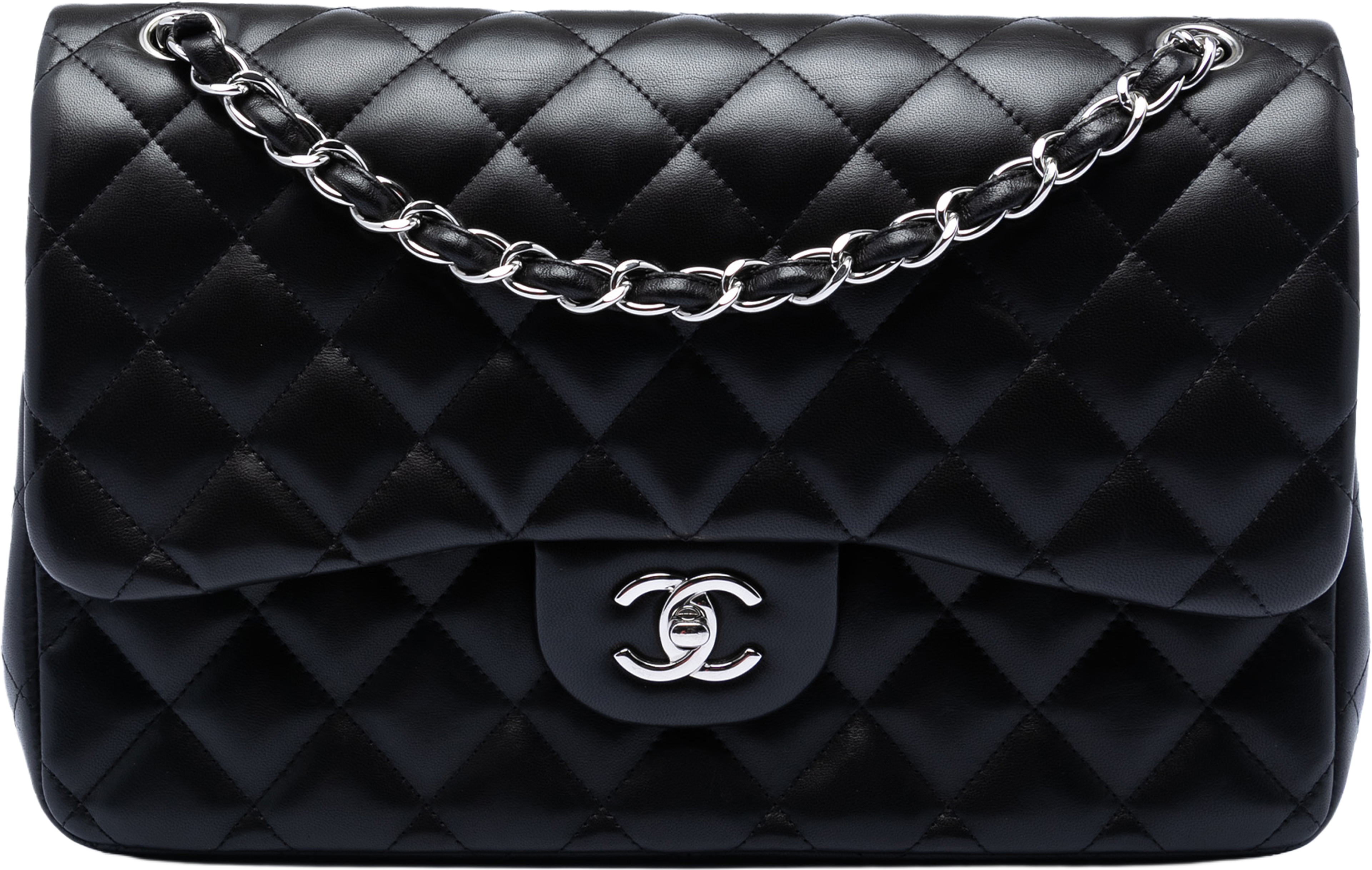 Chanel Jumbo Classic Lambskin Double Flap, från Luxclusif, i färgen black. Klicka för att öppna bilden i stort format