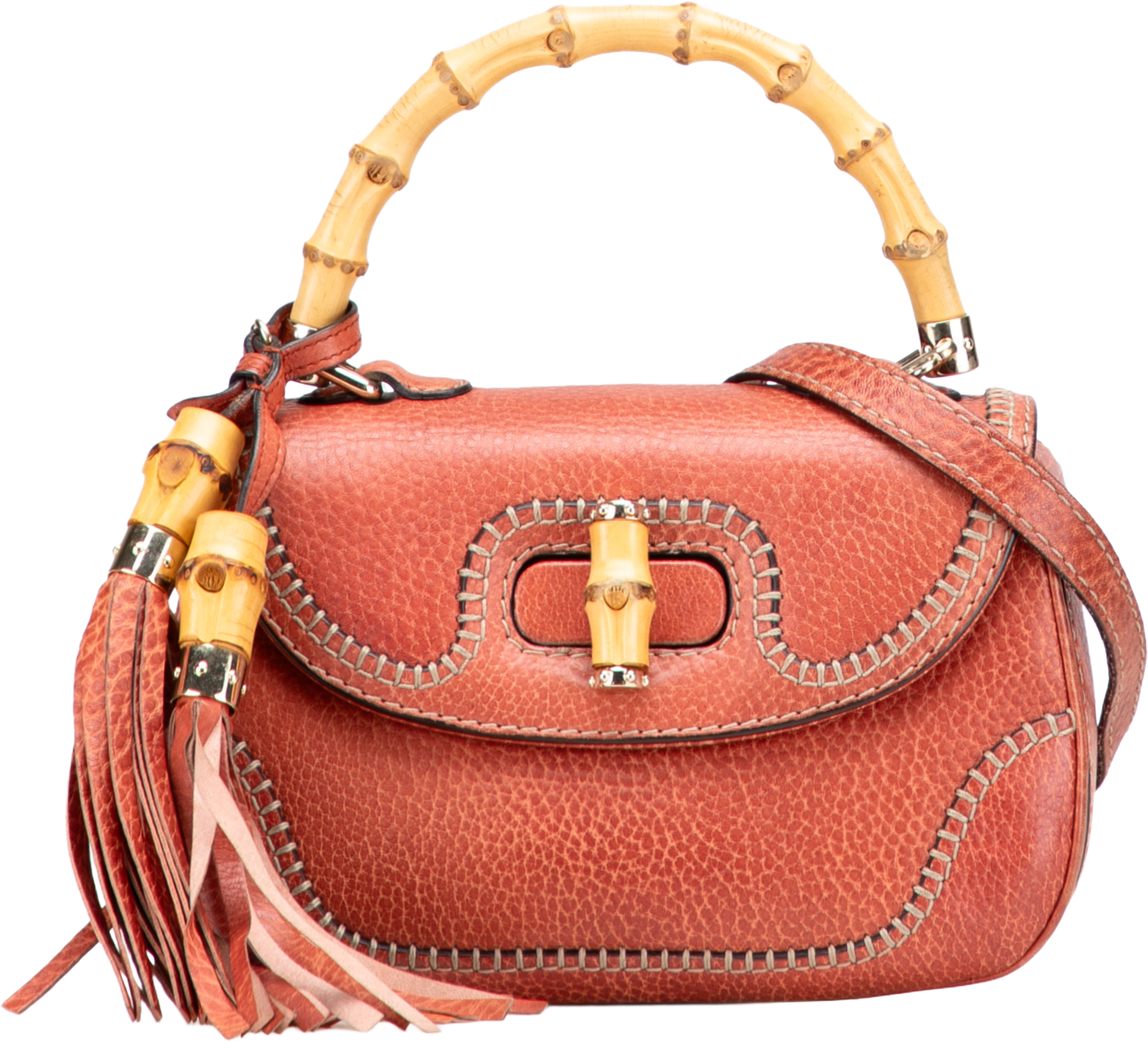 Gucci Small Leather New Bamboo Satchel, från Luxclusif, i färgen indian red. Klicka för att öppna bilden i stort format