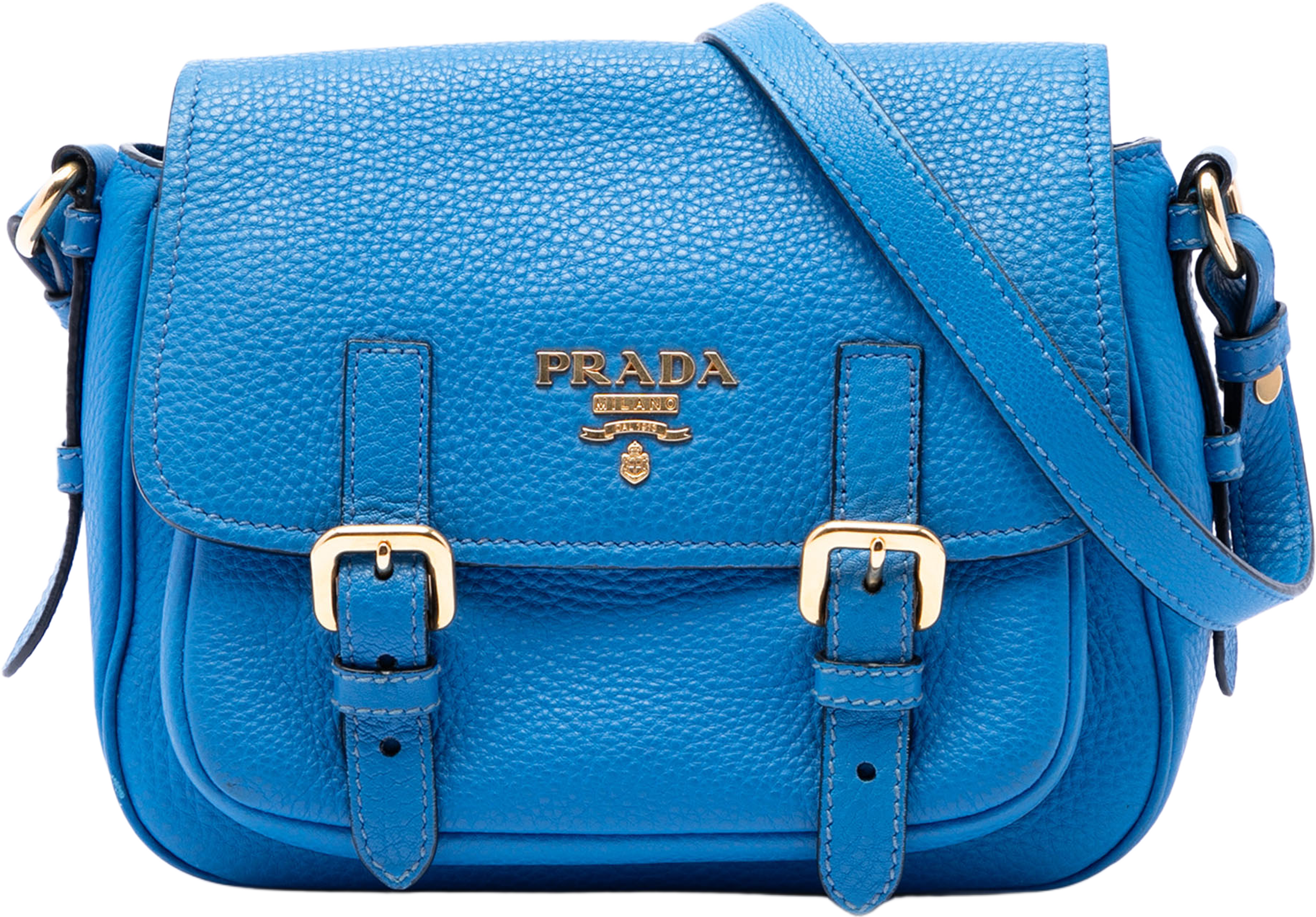 Prada Vitello Daino Double Buckle Messenger Bag, från Luxclusif, i färgen blue. Klicka för att öppna bilden i stort format