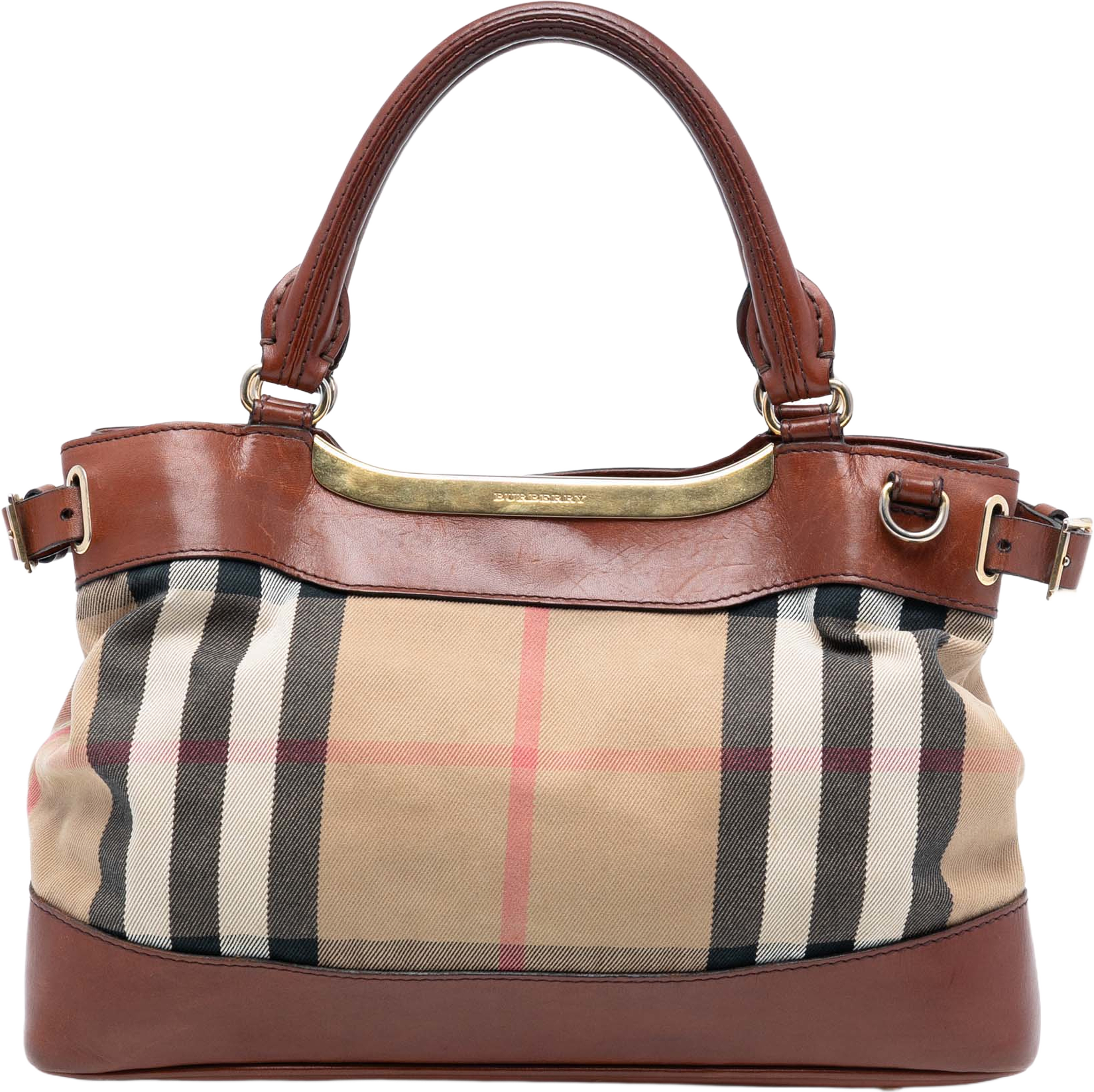 Burberry Small House Check Canvas Bridle Hepburn Satchel, från Luxclusif, i färgen light brown. Klicka för att öppna bilden i stort format