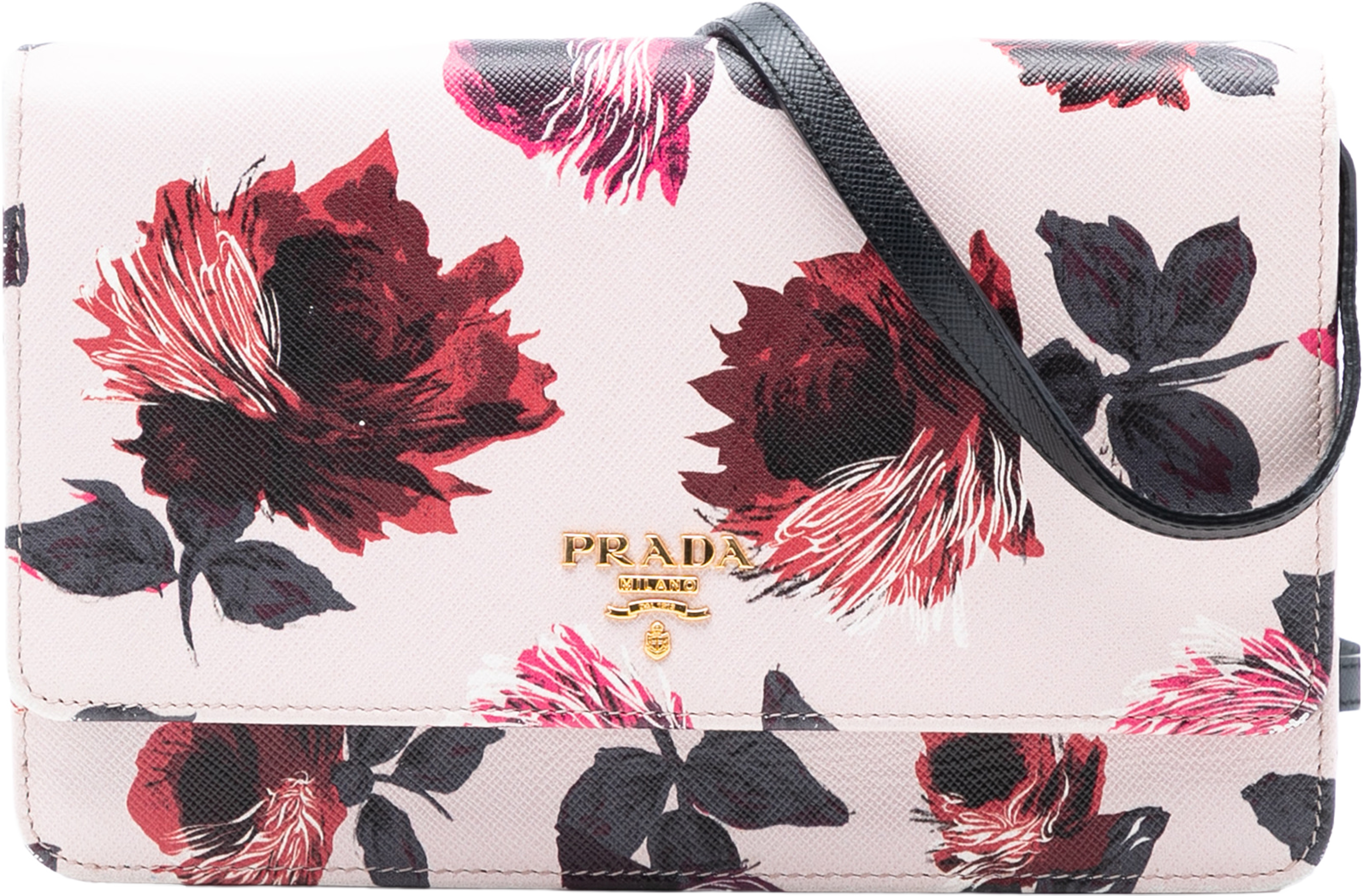 Prada Saffiano Floral Print Wallet On Strap, från Luxclusif, i färgen light pink. Klicka för att öppna bilden i stort format
