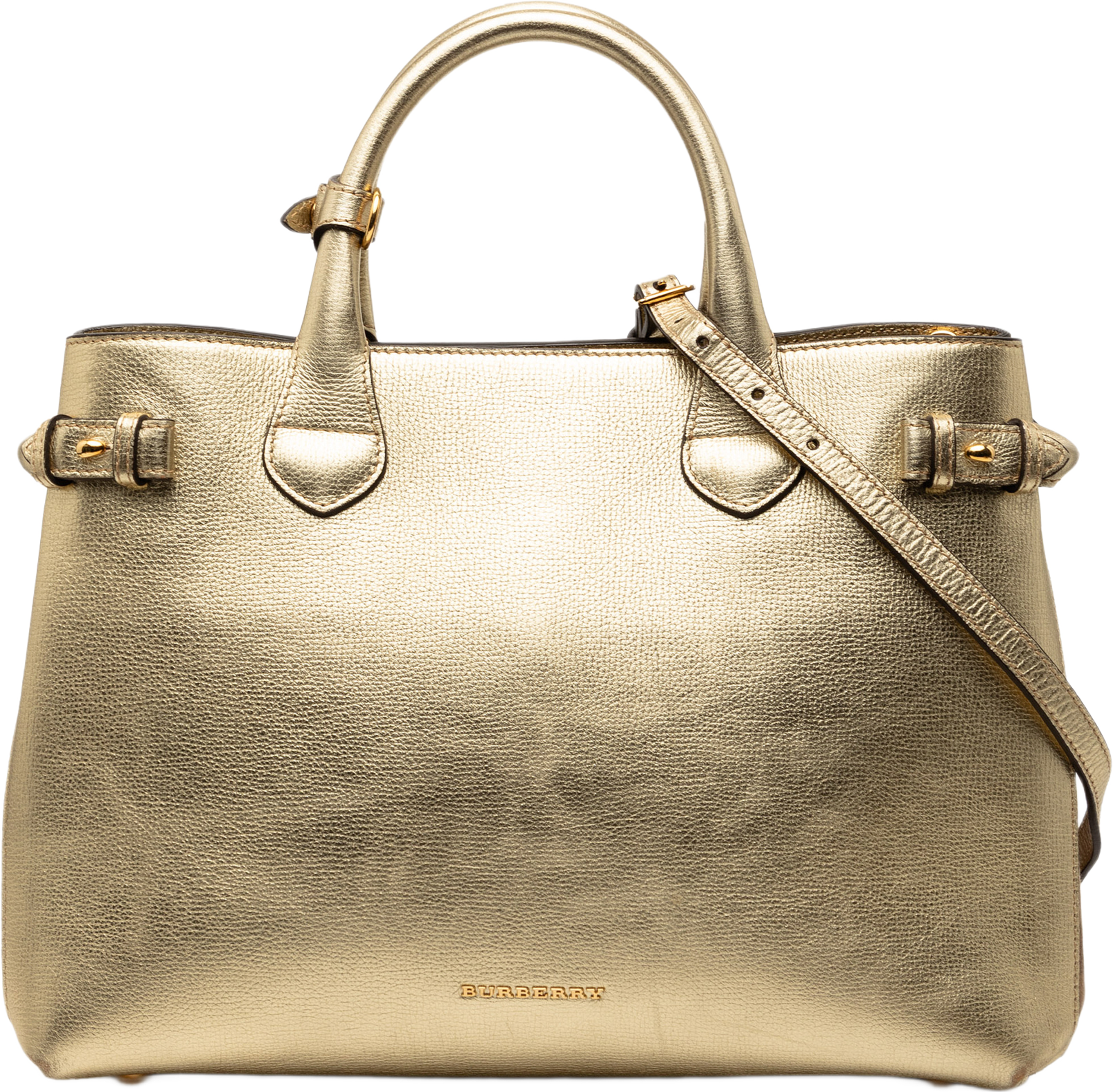 Burberry Medium Metallic Leather And House Check Banner Satchel, från Luxclusif, i färgen gold. Klicka för att öppna bilden i stort format