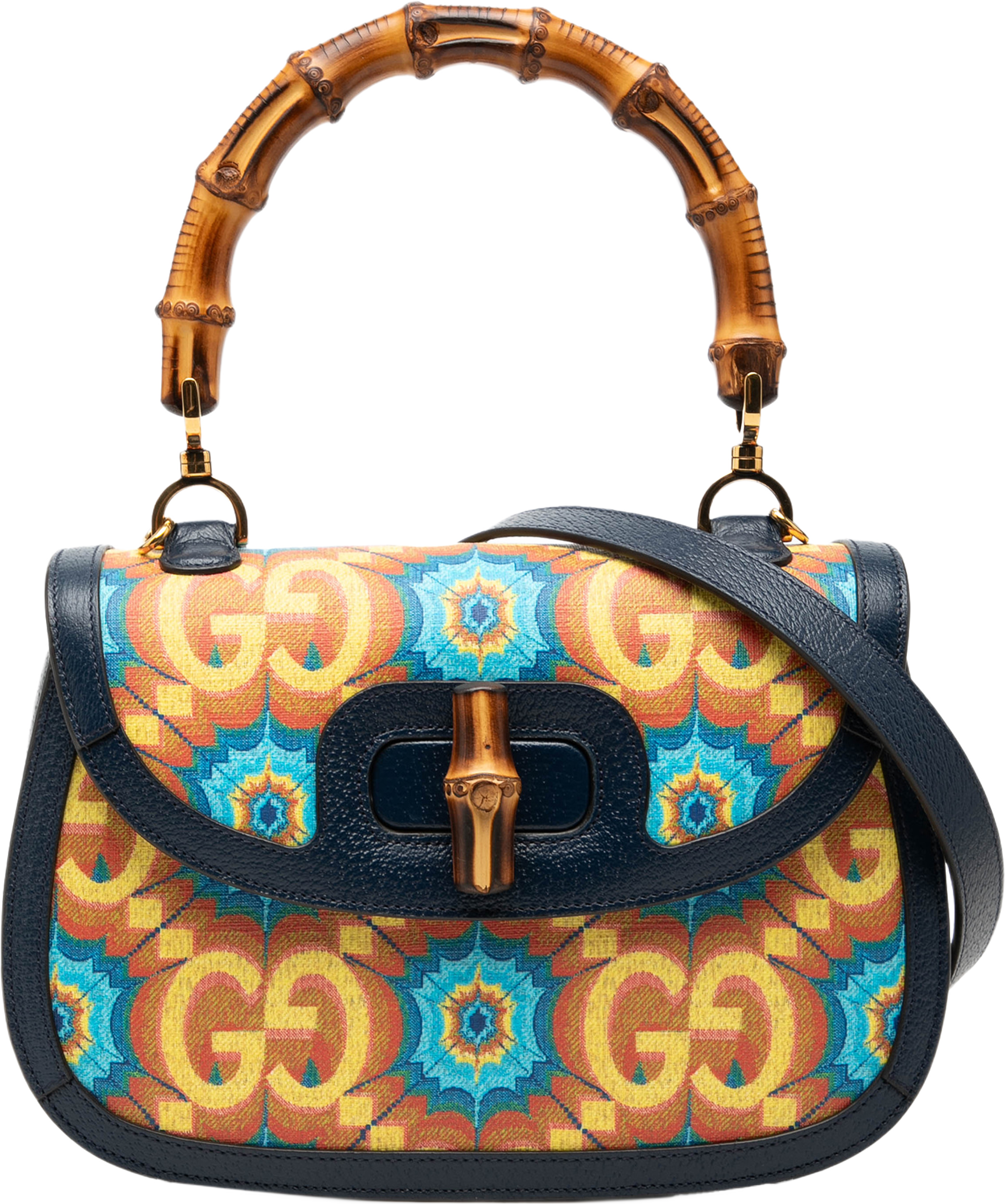 Gucci 100th Anniversary Medium Gg Coated Canvas Kaleidoscope 1947 Bamboo Top Handle Bag, från Luxclusif, i färgen blå. Klicka för att öppna bilden i stort format