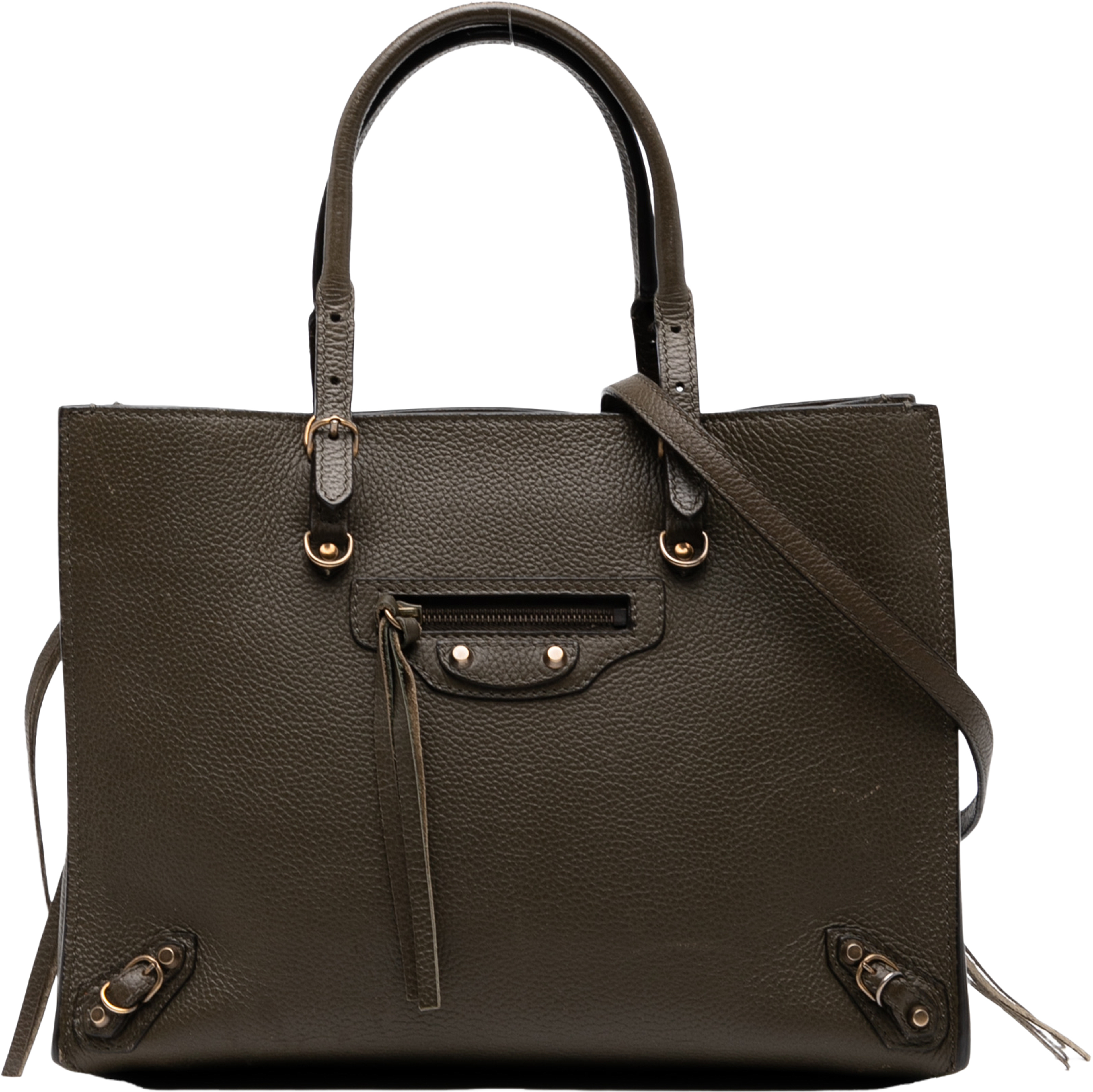 Balenciaga Veau Papier A6 Zip Around Satchel, från Luxclusif, i färgen dark khaki. Klicka för att öppna bilden i stort format