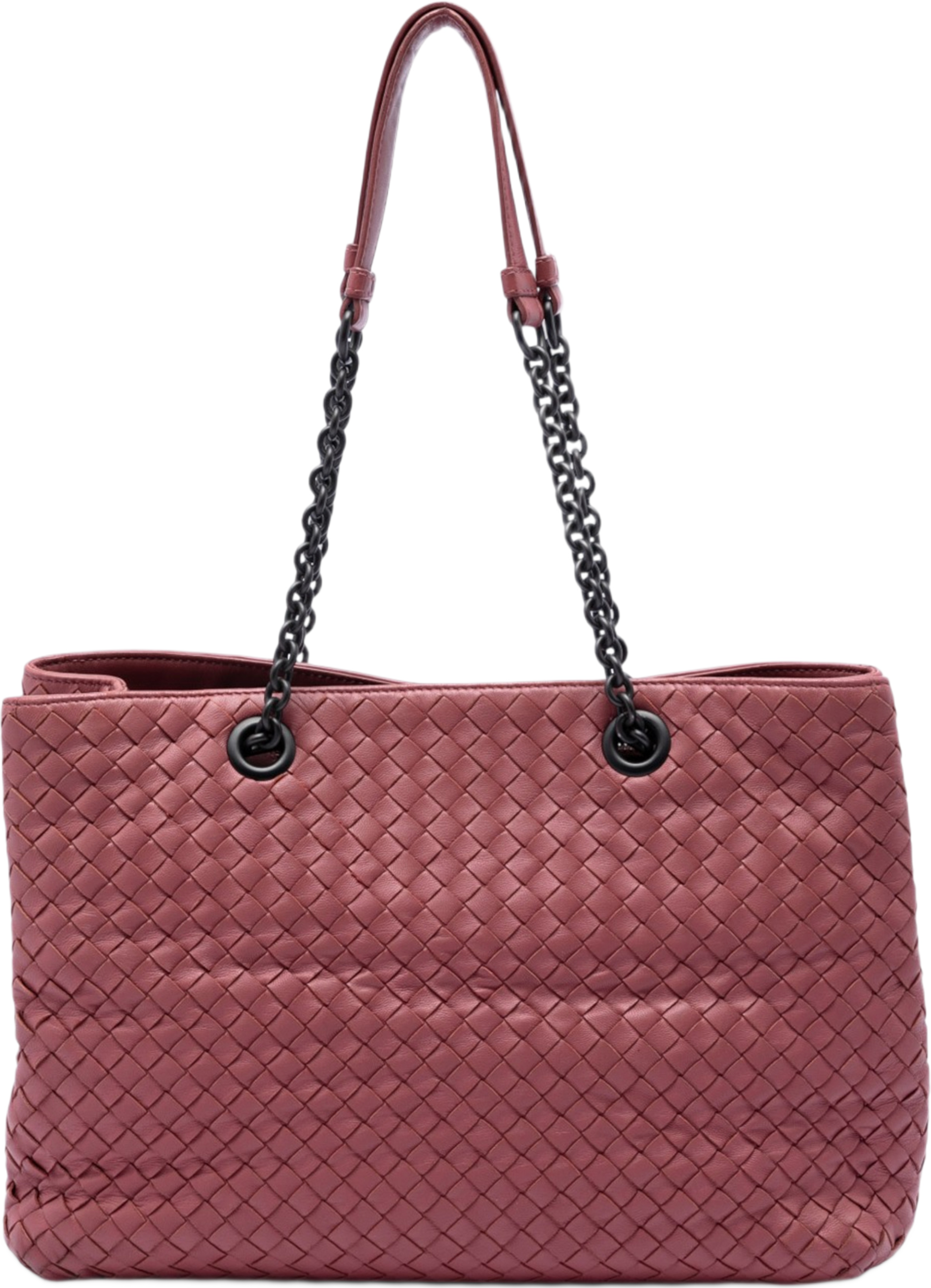 Bottega Veneta Medium Nappa Intrecciato Double Chain Tote, från Luxclusif, i färgen rosa. Klicka för att öppna bilden i stort format